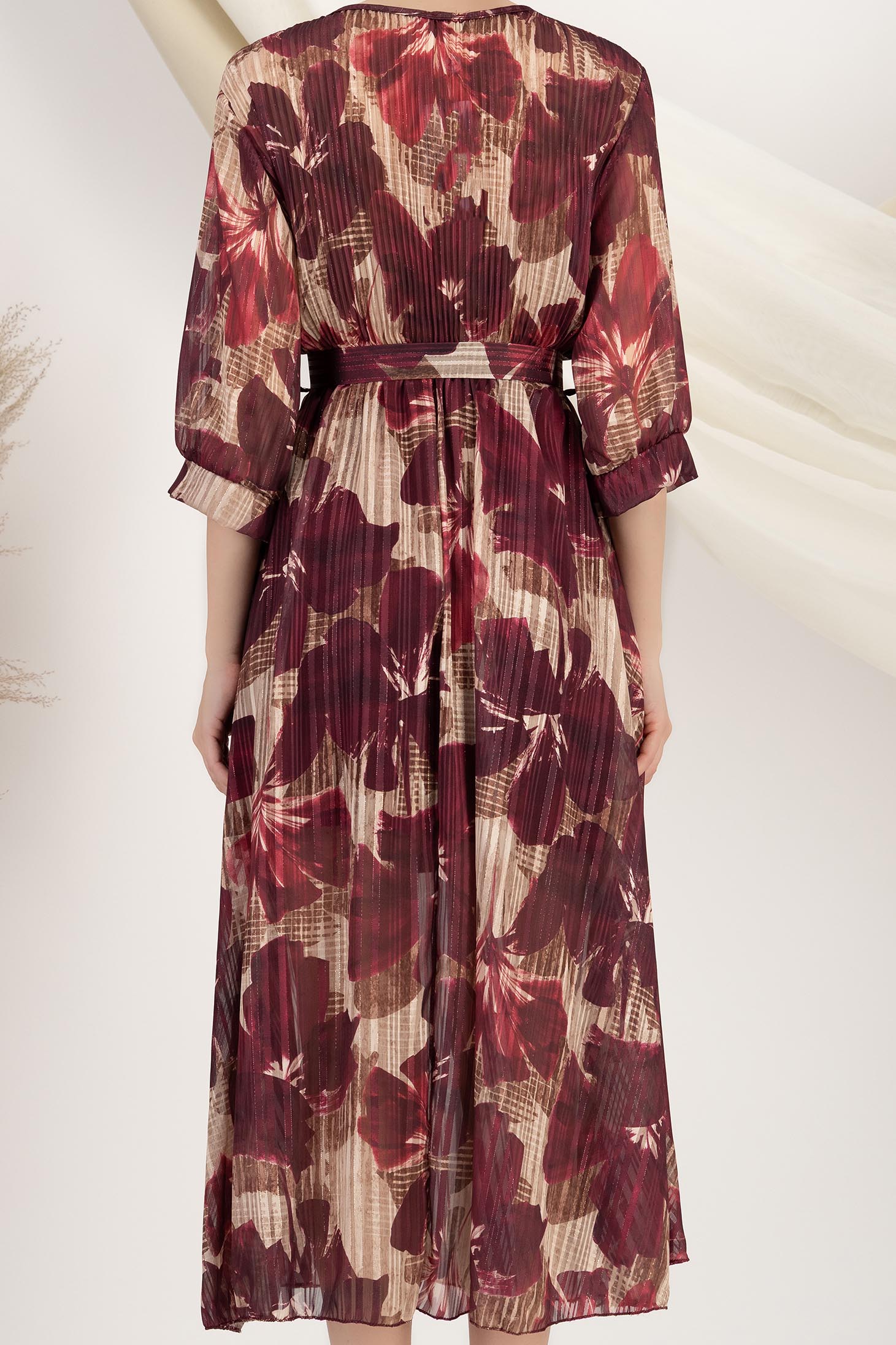 Rochie plisata din voal usor sidefat visinie midi in clos cu elastic in talie 5 - StarShinerS.ro