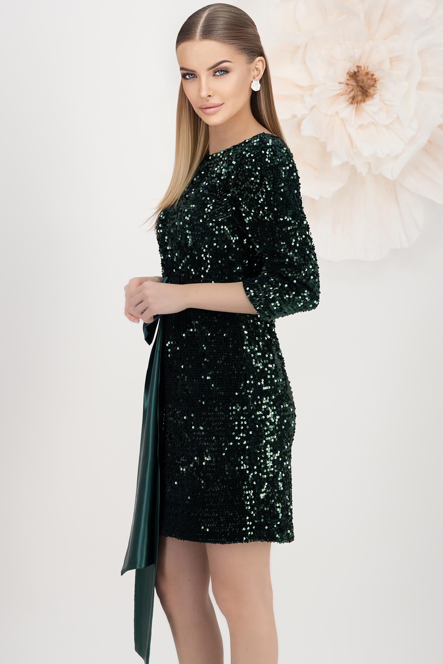 Rochie din catifea cu paiete verde-inchis scurta tip creion cu funda maxi - StarShinerS 2 - StarShinerS.ro