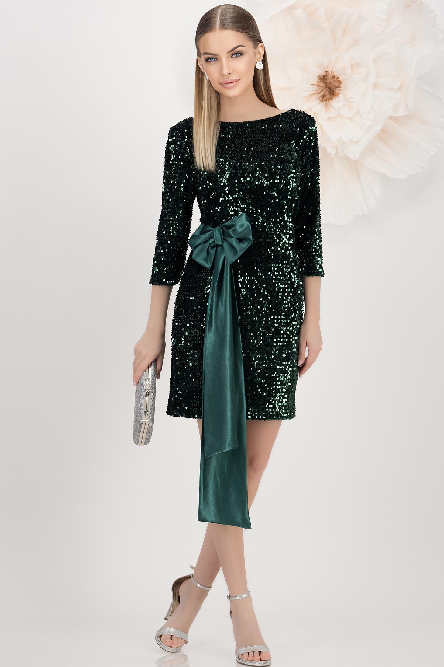 Rochie din catifea cu paiete verde-inchis scurta tip creion cu funda maxi - StarShinerS 3 - StarShinerS.ro