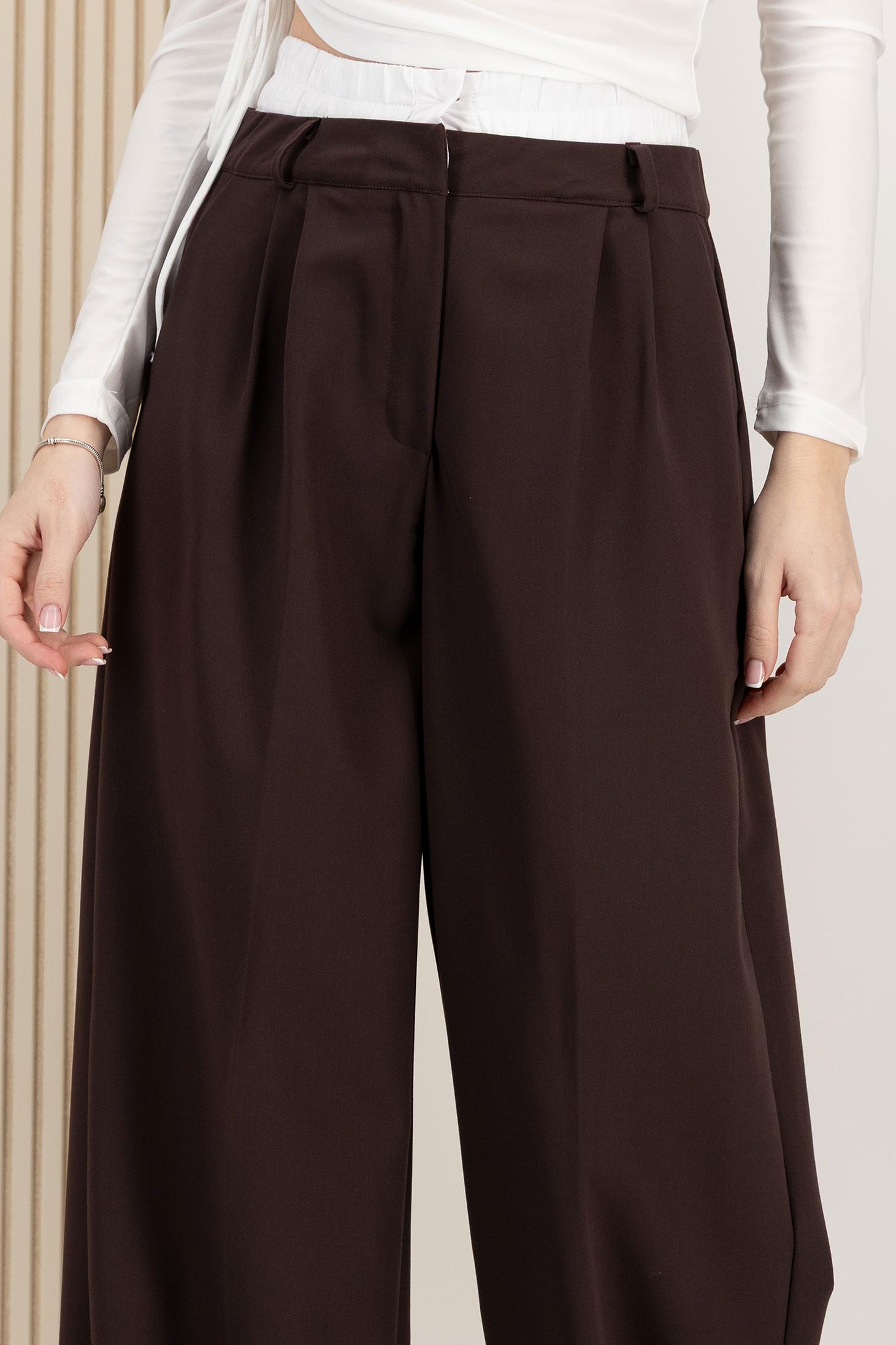 Pantaloni din stofa elastica maro-inchis evazati cu betelie dubla si buzunare laterale 5 - StarShinerS.ro