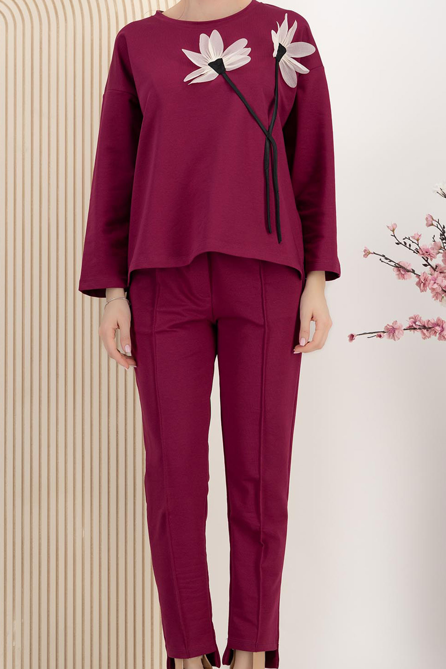 Trening din bumbac elastic zmeura cu elastic in talie si aplicatii florale frontale 4 - StarShinerS.ro