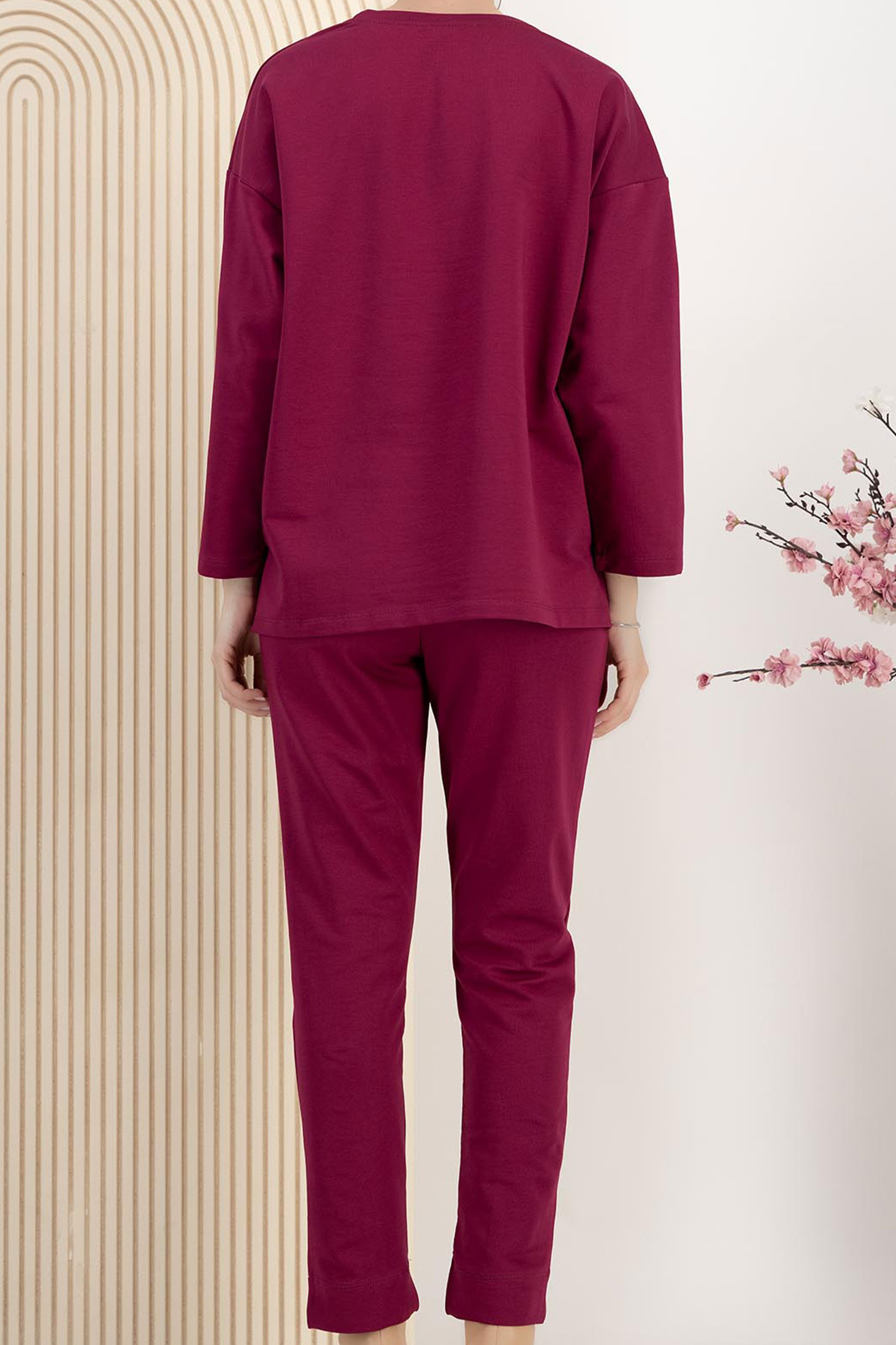 Trening din bumbac elastic zmeura cu elastic in talie si aplicatii florale frontale 5 - StarShinerS.ro