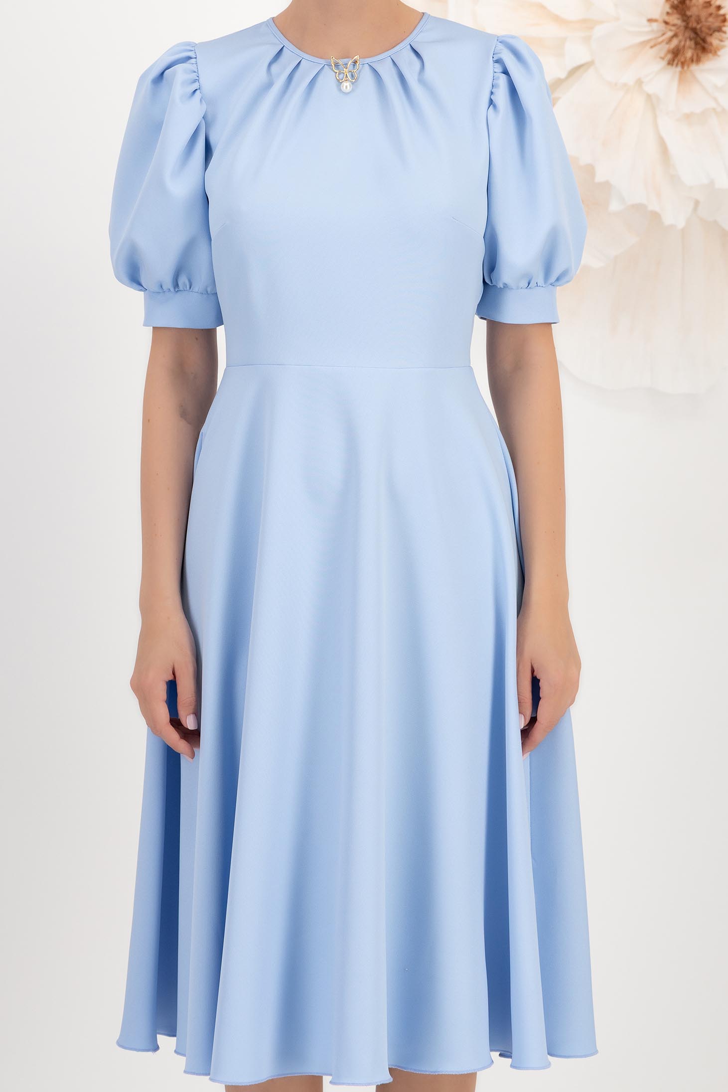 Rochie din stofa elastica albastru-deschis midi in clos cu maneci bufante - StarShinerS 4 - StarShinerS.ro