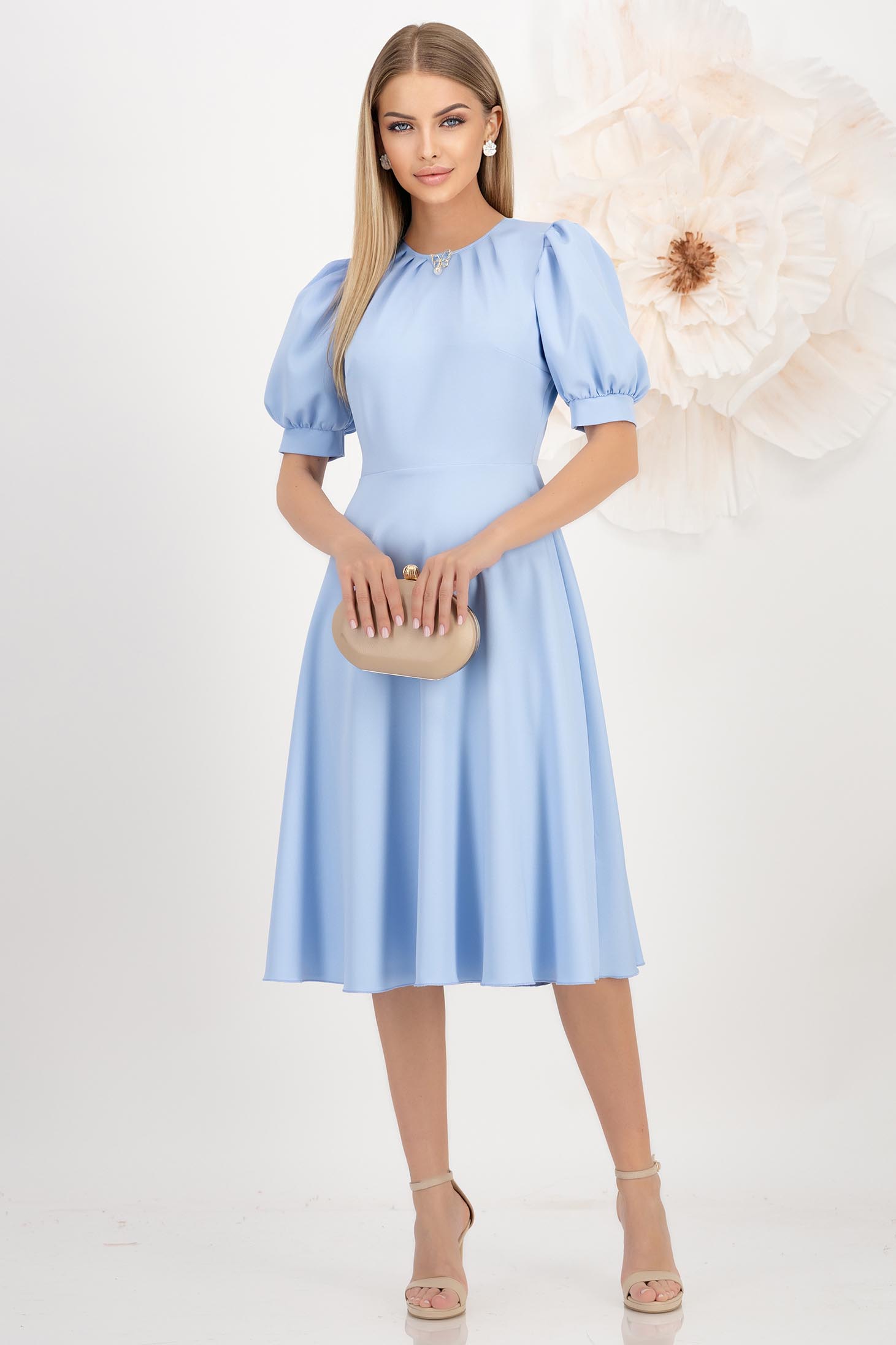 Rochie din stofa elastica albastru-deschis midi in clos cu maneci bufante - StarShinerS 3 - StarShinerS.ro