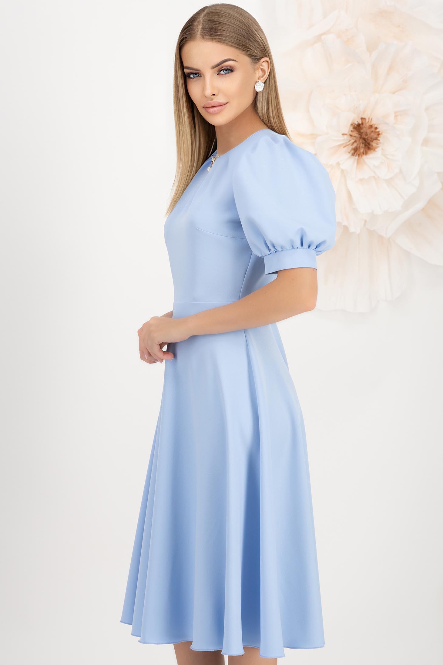 Rochie din stofa elastica albastru-deschis midi in clos cu maneci bufante - StarShinerS 2 - StarShinerS.ro
