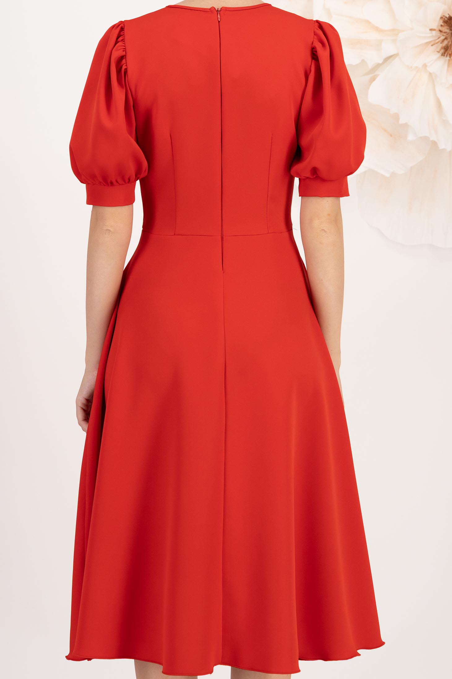 Rochie din stofa elastica rosie midi in clos cu maneci bufante - StarShinerS 5 - StarShinerS.ro