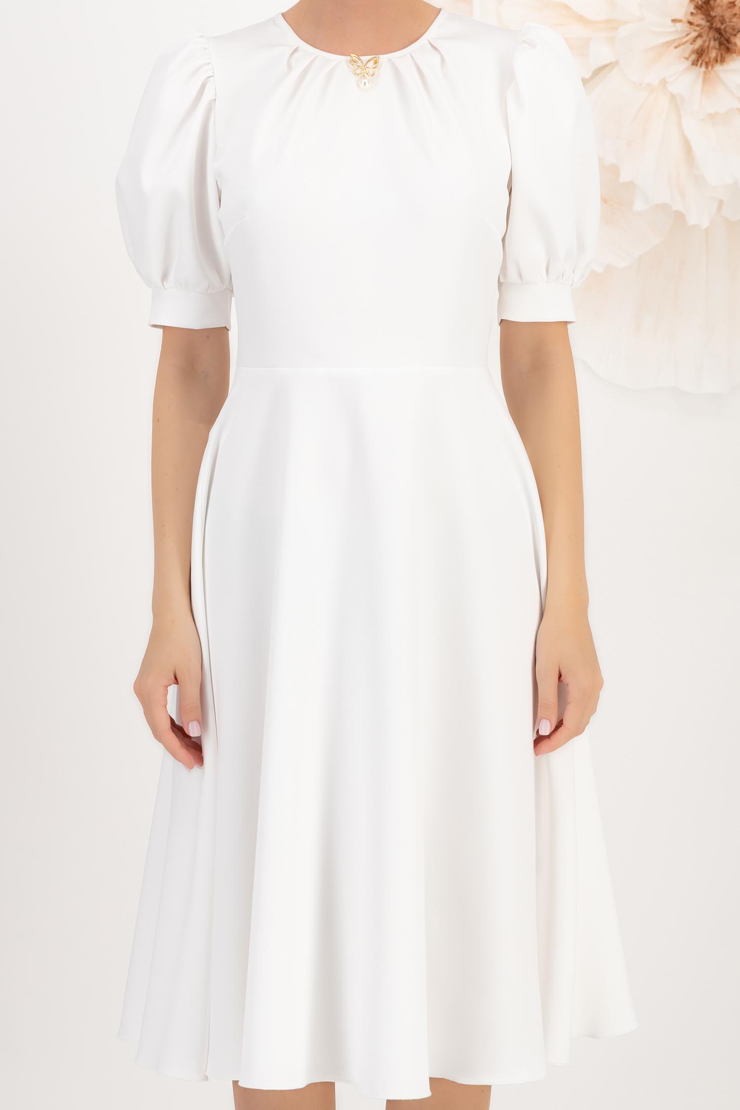 Rochie din stofa elastica alba midi in clos cu maneci bufante - StarShinerS 4 - StarShinerS.ro