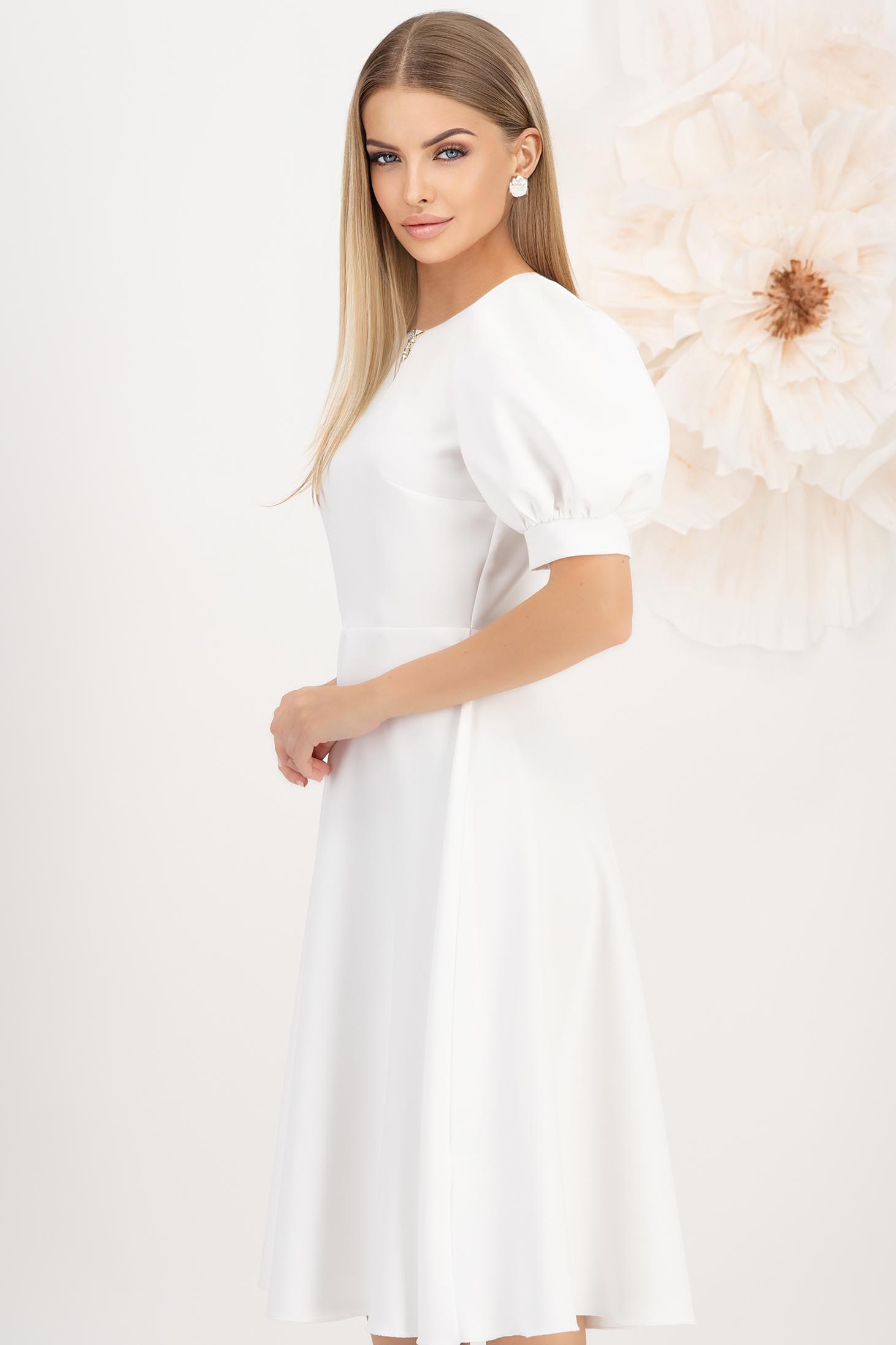 Rochie din stofa elastica alba midi in clos cu maneci bufante - StarShinerS 2 - StarShinerS.ro