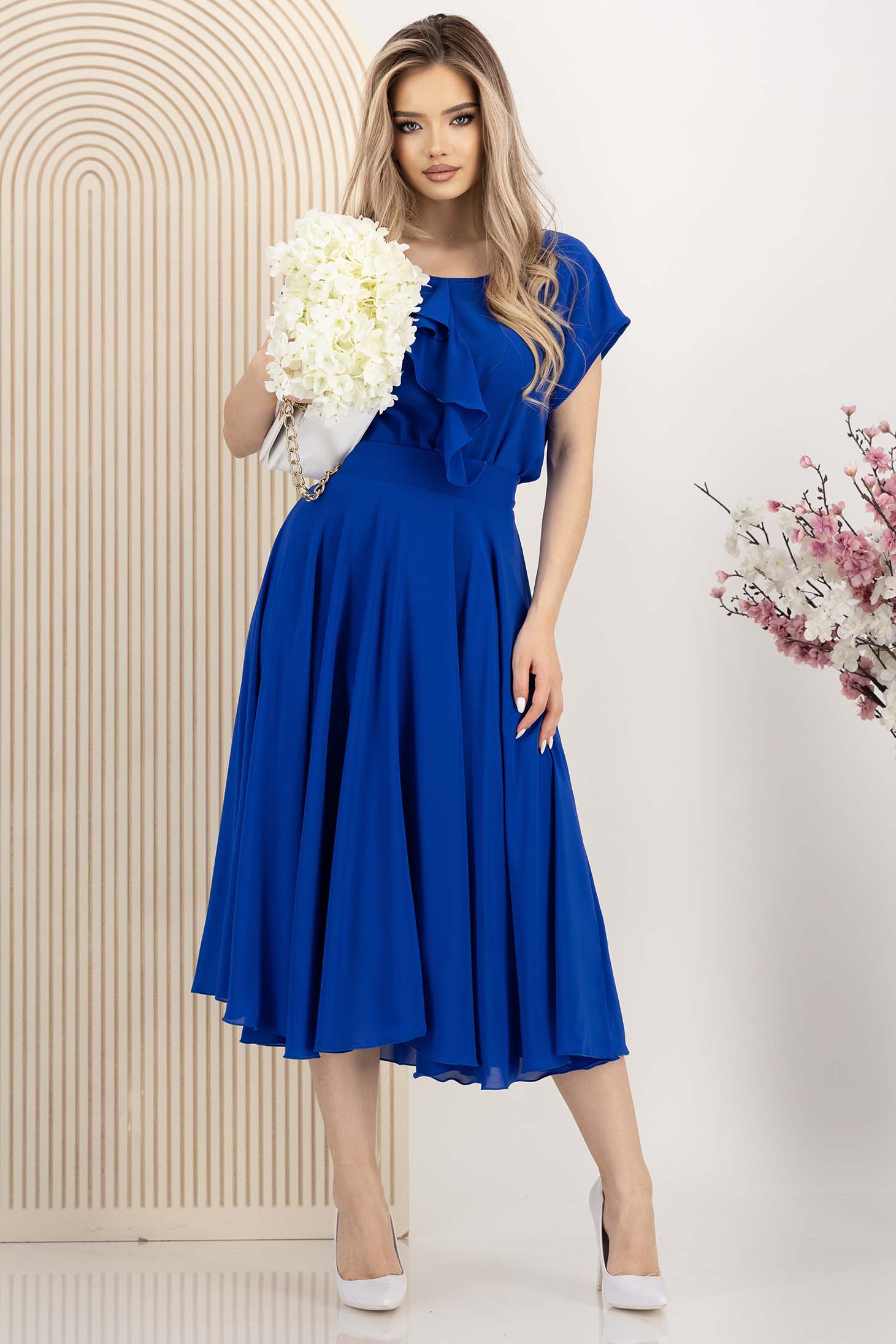 Bluza dama din voal albastra cu croi larg si volanas asimetric frontal  - StarShinerS 3 - StarShinerS.ro