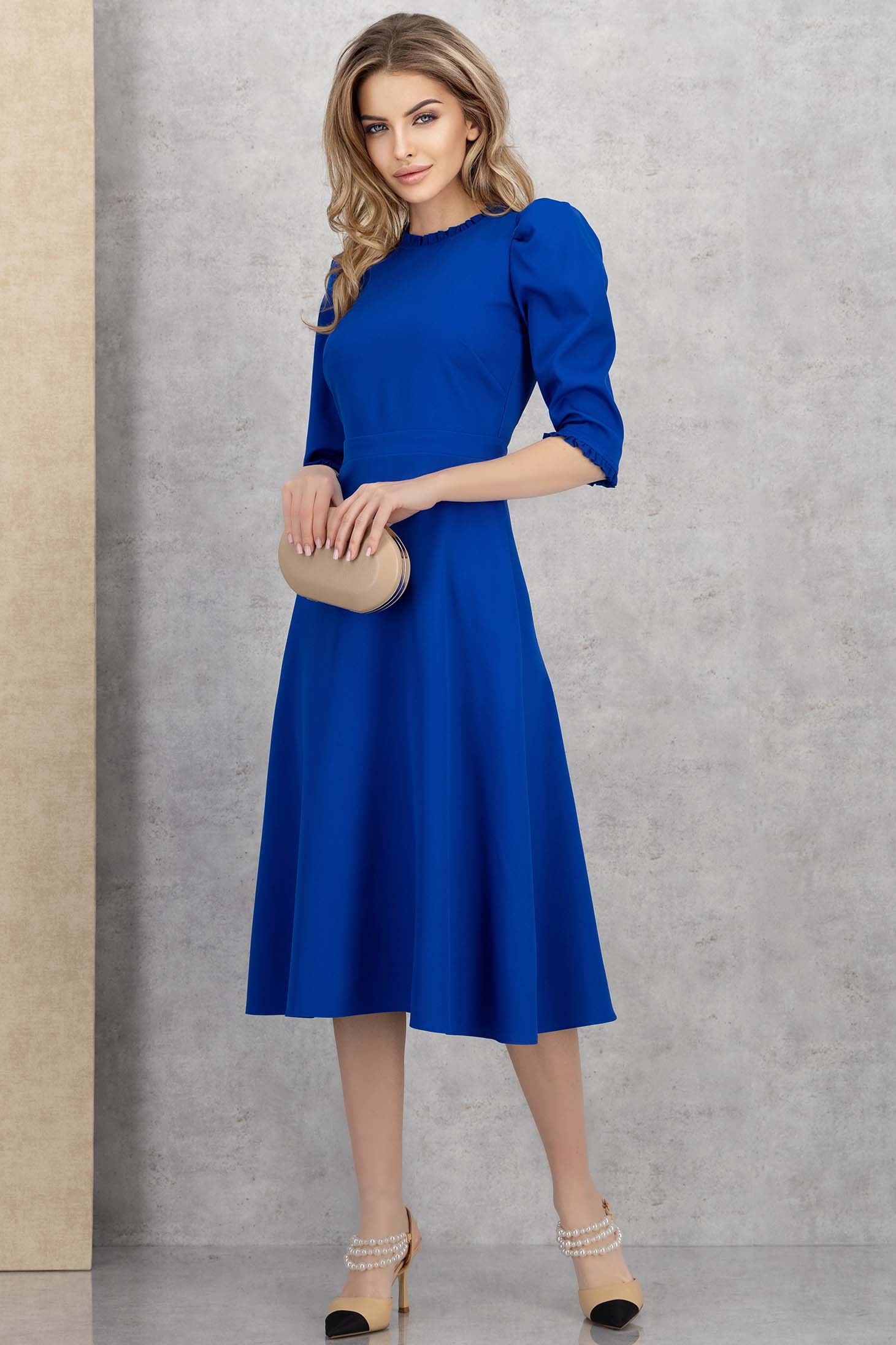 Rochie din stofa elastica albastra midi in clos cu umeri bufanti - StarShinerS 4 - StarShinerS.ro