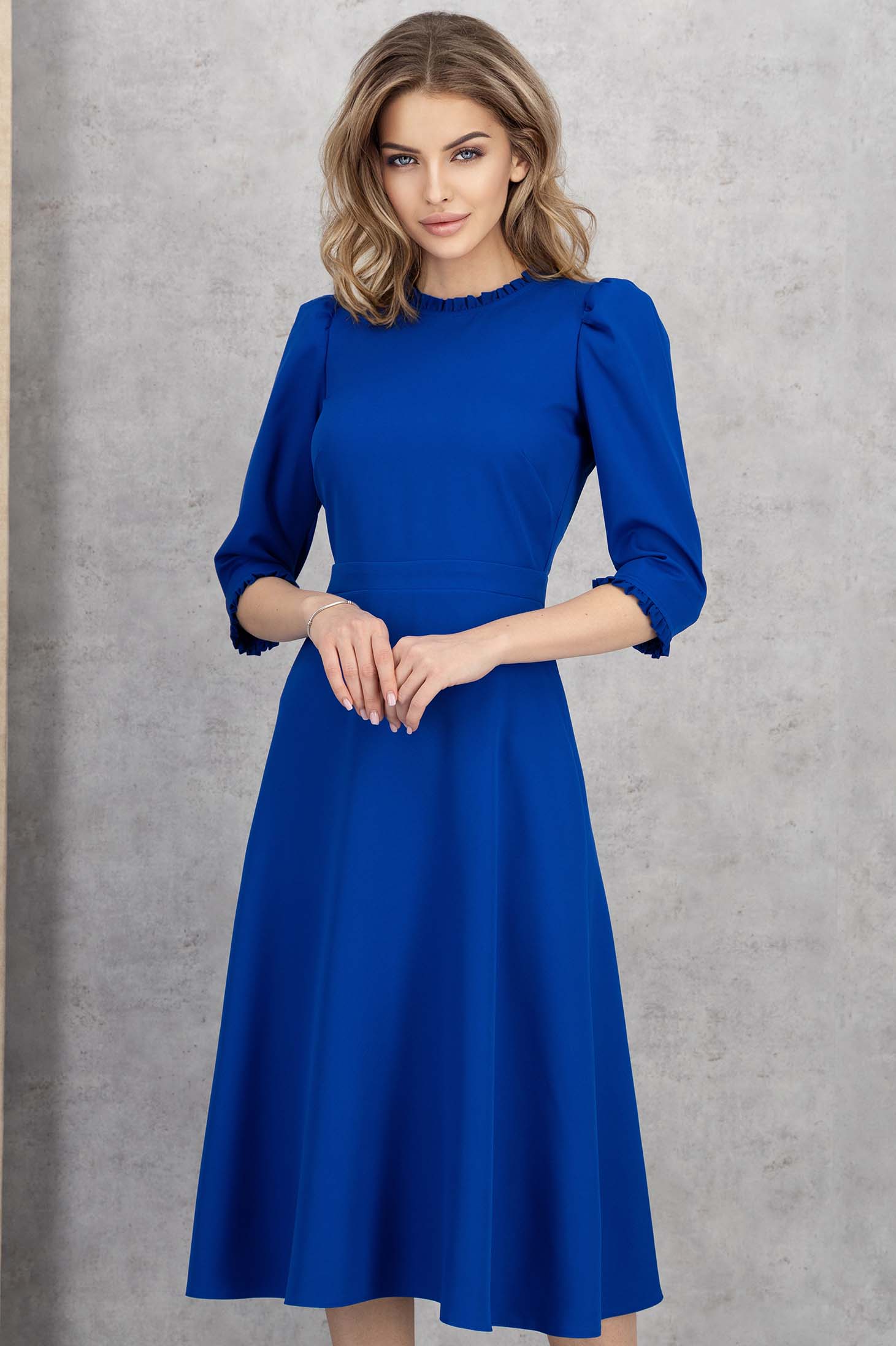 Rochie din stofa elastica albastra midi in clos cu umeri bufanti - StarShinerS 3 - StarShinerS.ro