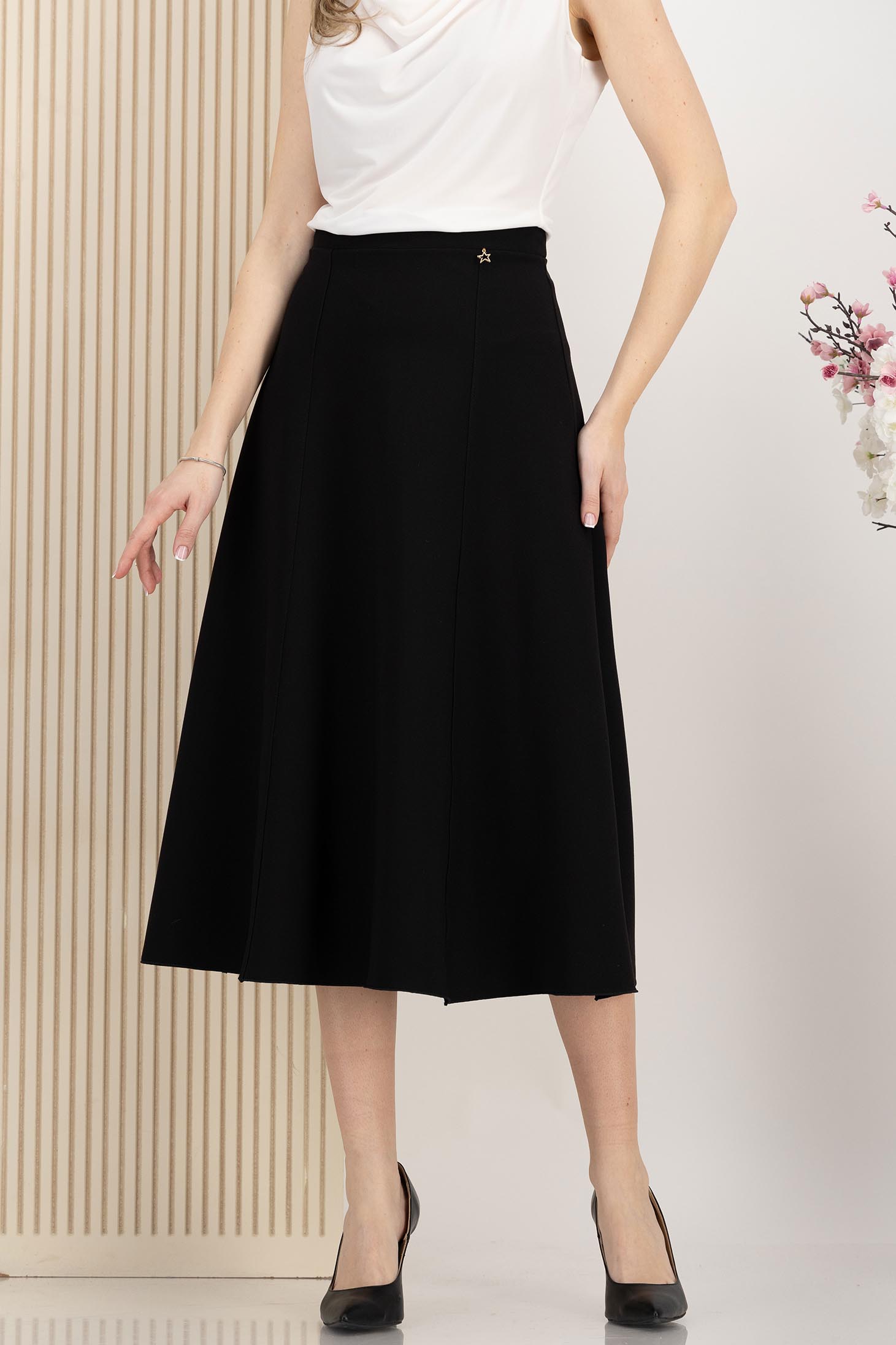 Fusta din stofa premium elastica neagra midi in clos cu talie inalta - StarShinerS 4 - StarShinerS.ro
