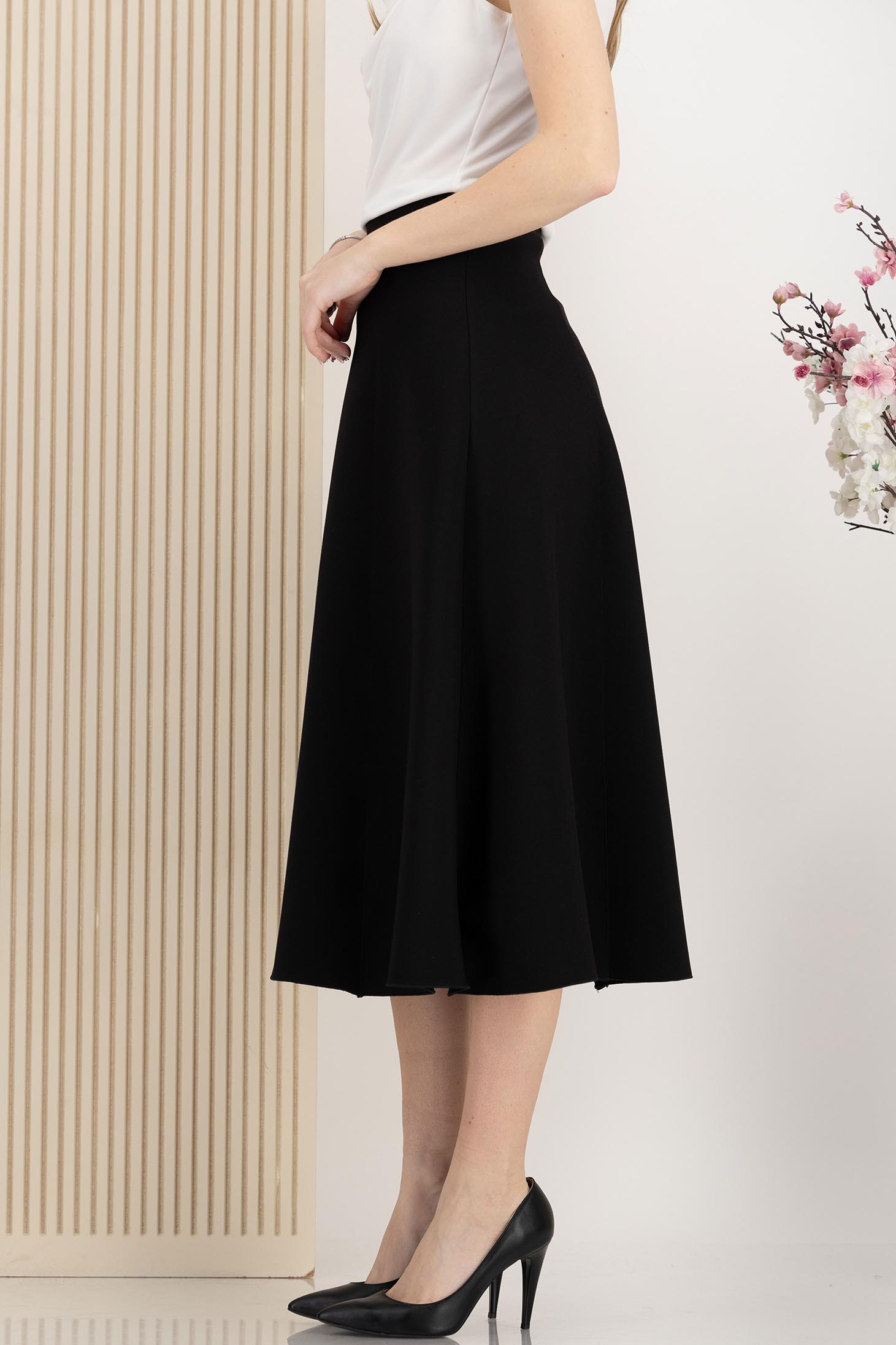 Fusta din stofa premium elastica neagra midi in clos cu talie inalta - StarShinerS 3 - StarShinerS.ro