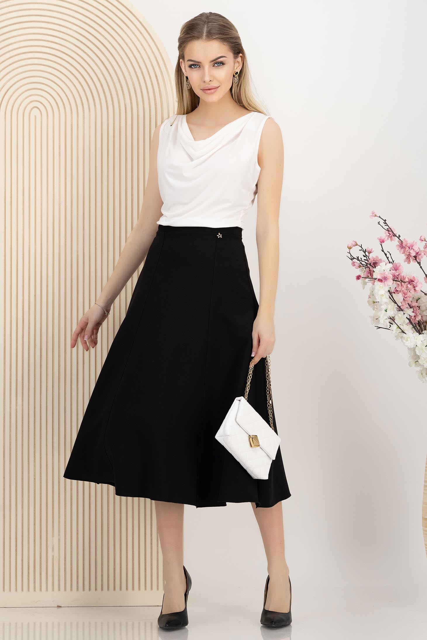 Fusta din stofa premium elastica neagra midi in clos cu talie inalta - StarShinerS 2 - StarShinerS.ro