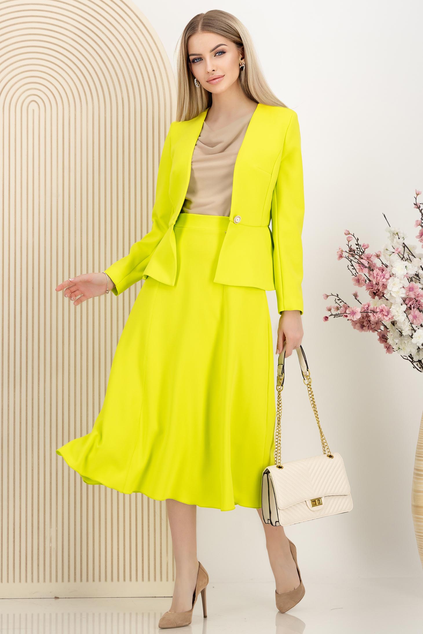Fusta din stofa premium elastica verde lime midi in clos cu talie inalta - StarShinerS 2 - StarShinerS.ro
