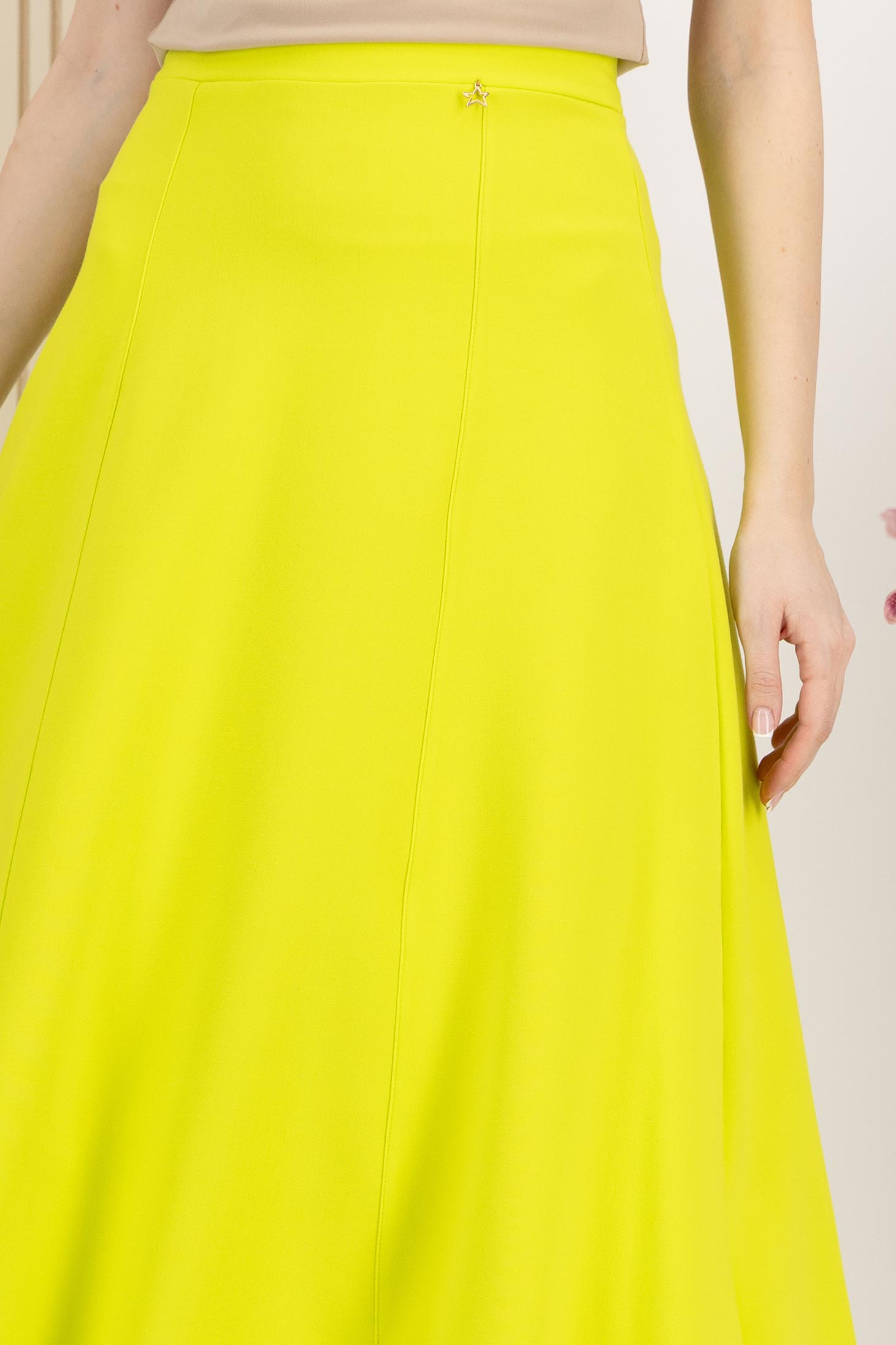 Fusta din stofa premium elastica verde lime midi in clos cu talie inalta - StarShinerS 5 - StarShinerS.ro