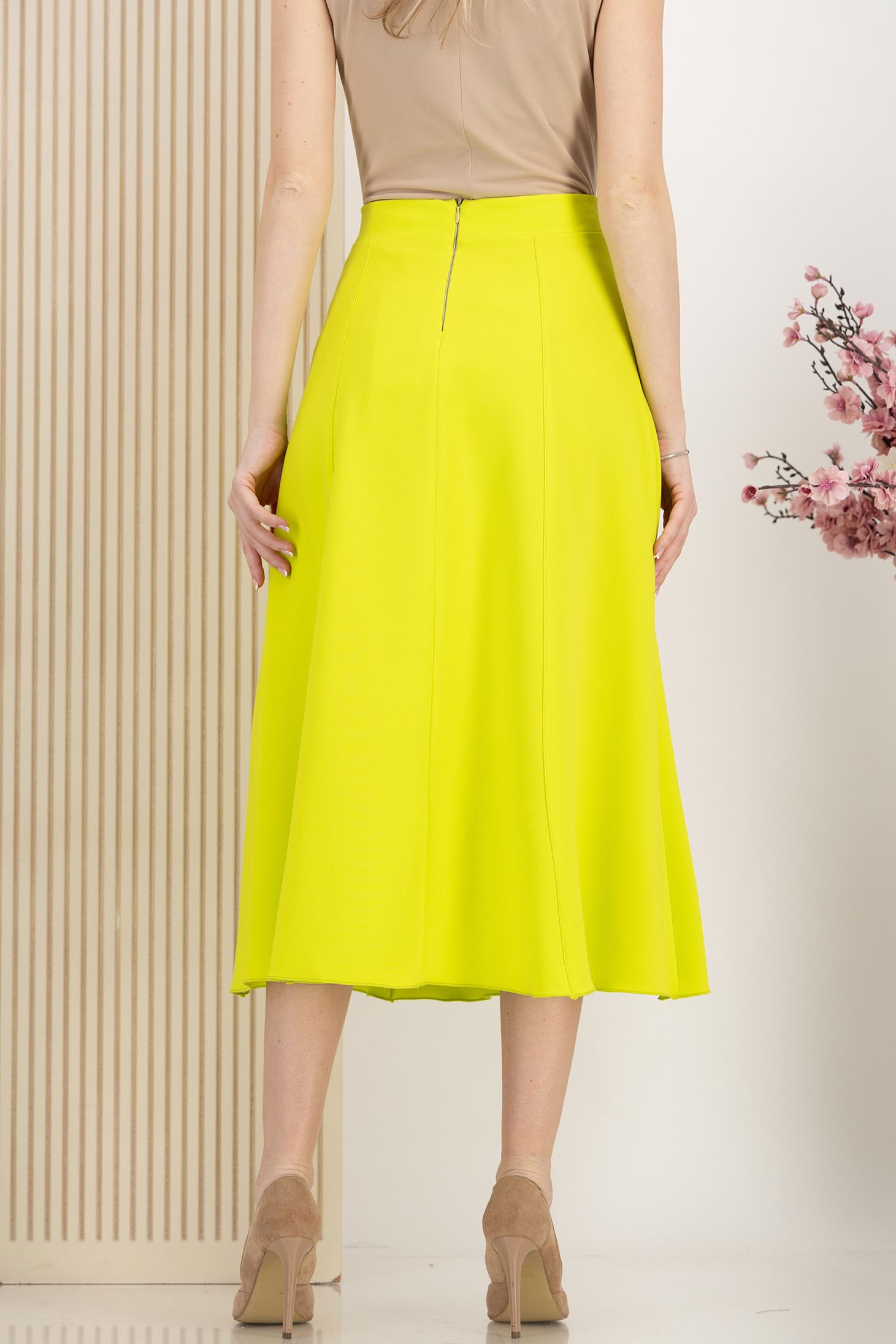 Fusta din stofa premium elastica verde lime midi in clos cu talie inalta - StarShinerS 4 - StarShinerS.ro