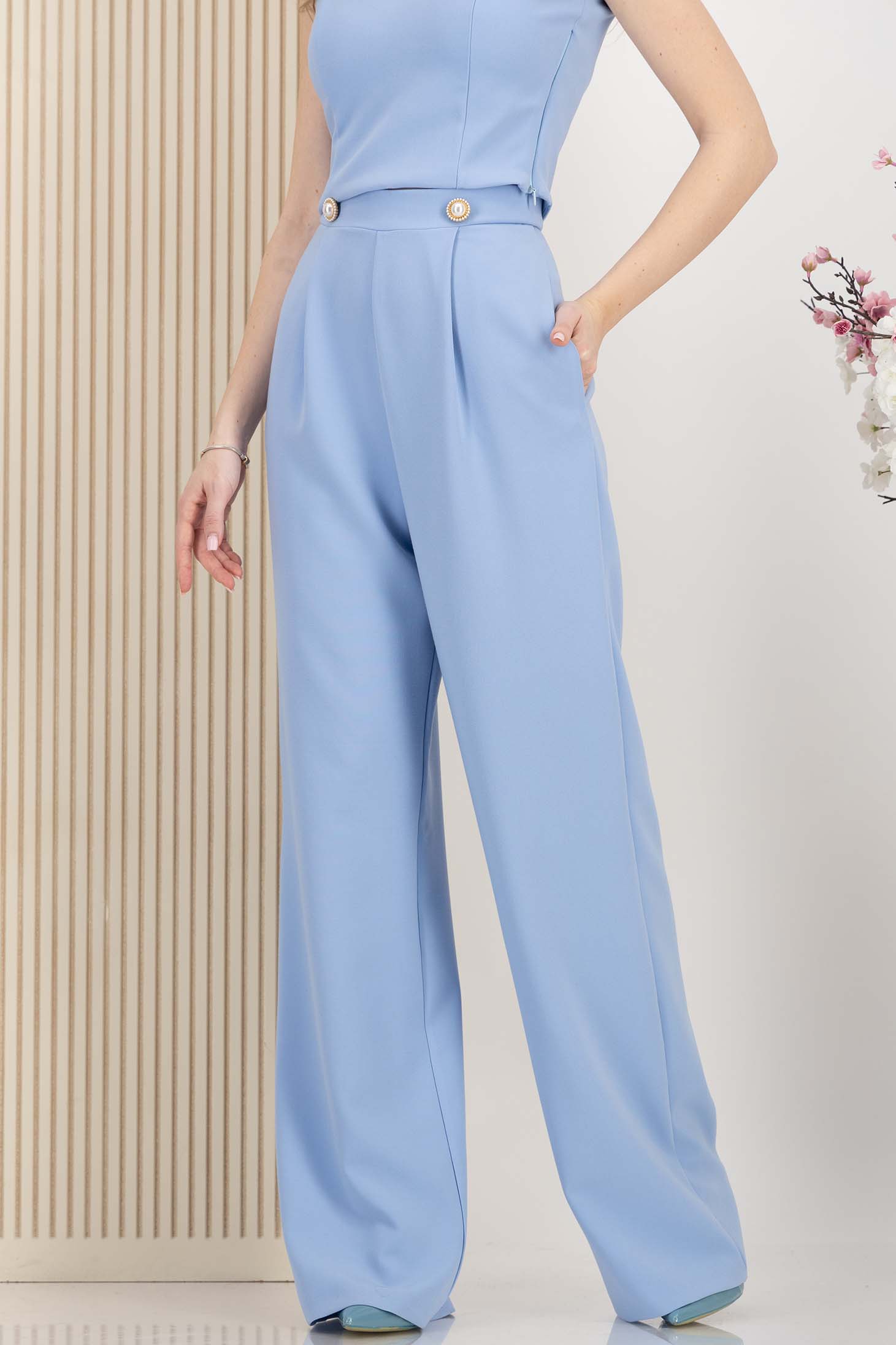 Pantaloni lungi din stofa premium elastica albastru-deschis evazati cu buzunare laterale - StarShinerS 5 - StarShinerS.ro