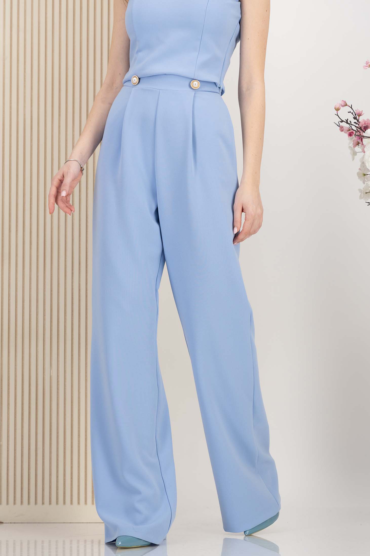 Pantaloni lungi din stofa premium elastica albastru-deschis evazati cu buzunare laterale - StarShinerS 6 - StarShinerS.ro
