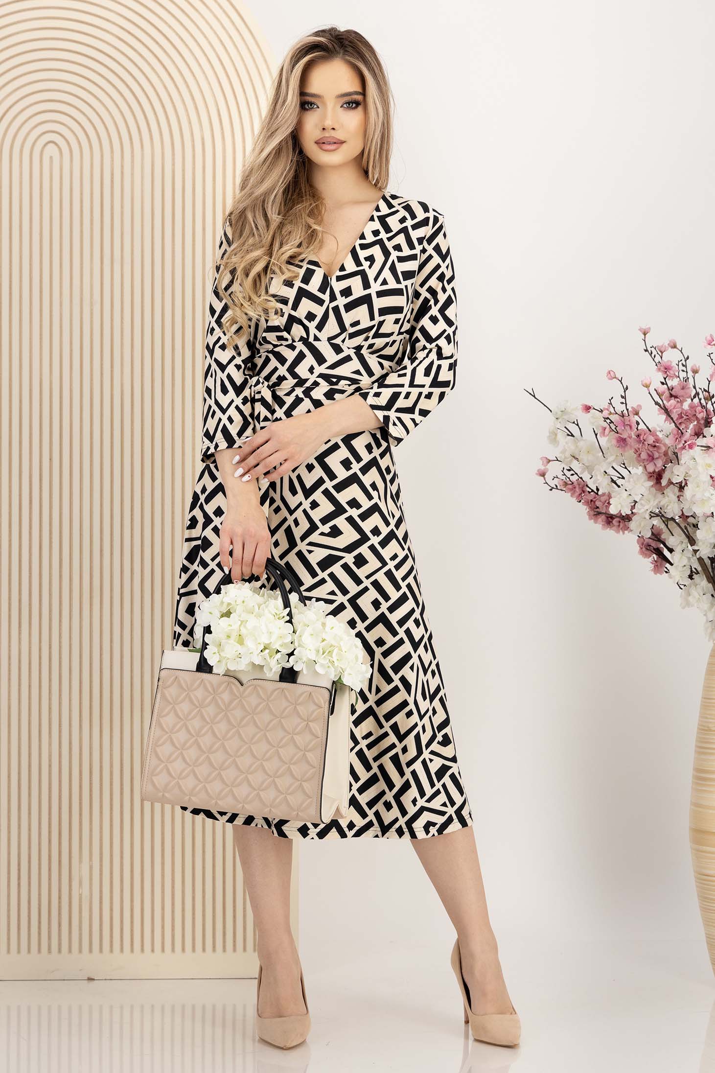 Rochie din lycra bej midi in clos cu decolteu in v - StarShinerS 3 - StarShinerS.ro