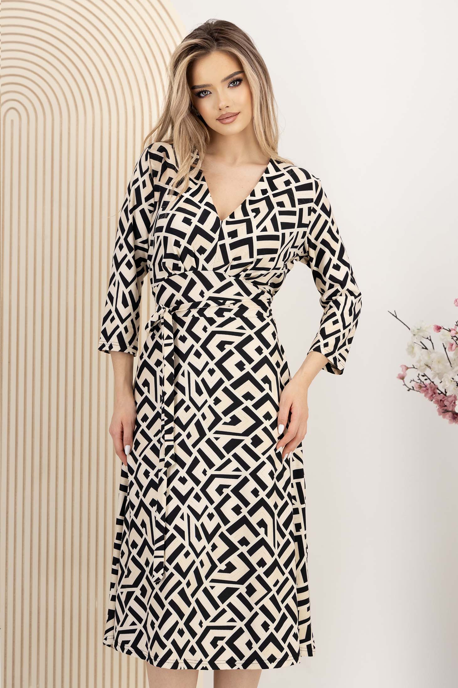 Rochie din lycra bej midi in clos cu decolteu in v - StarShinerS 2 - StarShinerS.ro