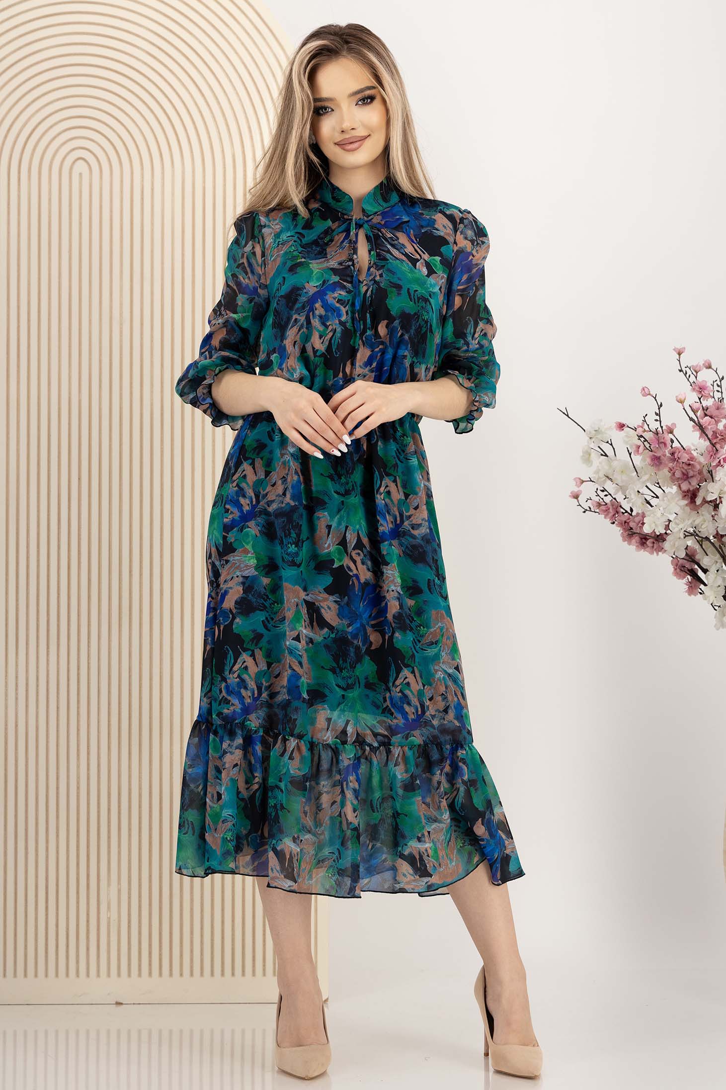 Rochie din voal multicolora midi clos cu elastic in talie - StarShinerS 2 - StarShinerS.ro