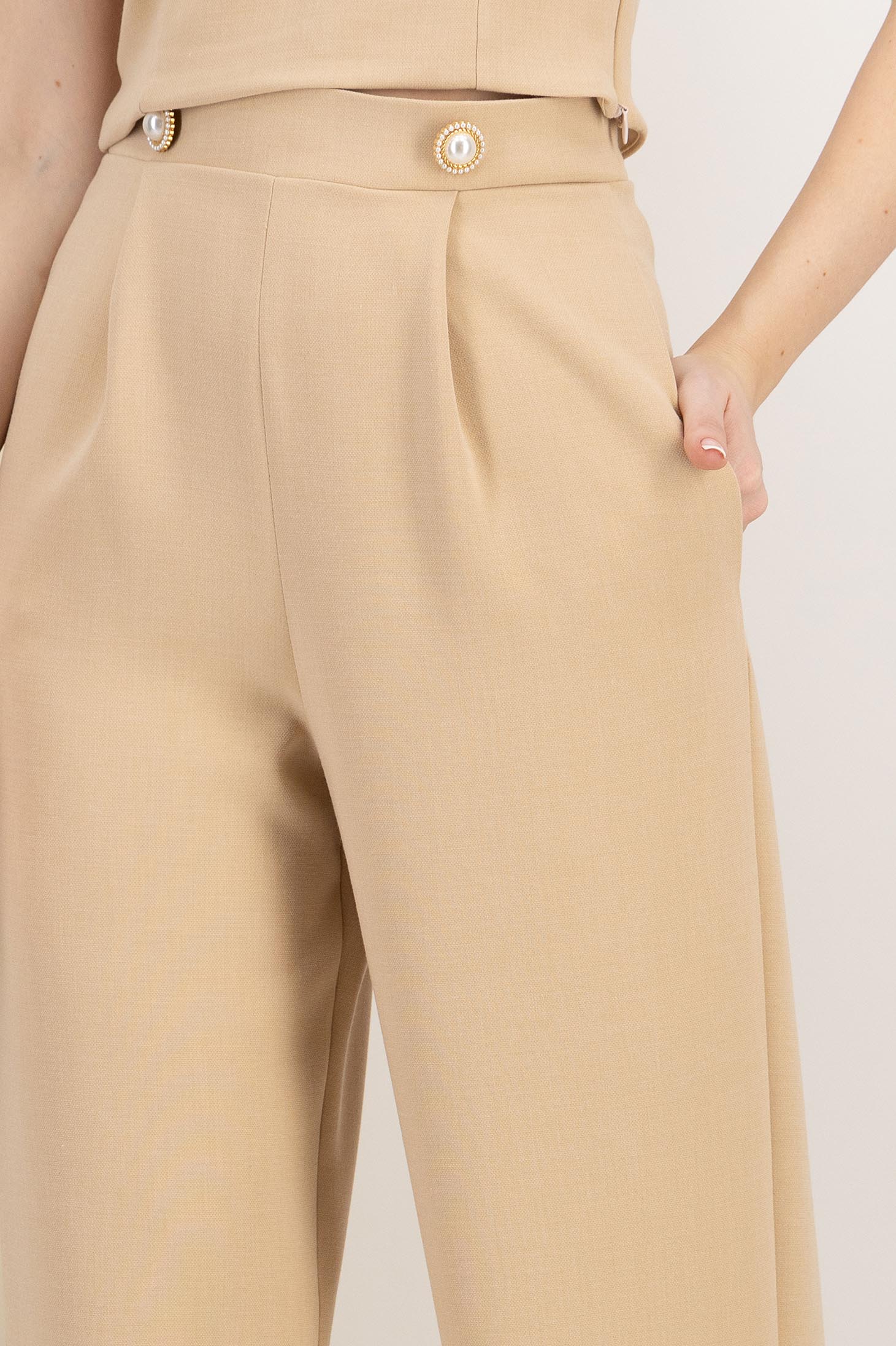 Pantaloni lungi din stofa premium elastica bej evazati cu buzunare laterale - StarShinerS 6 - StarShinerS.ro