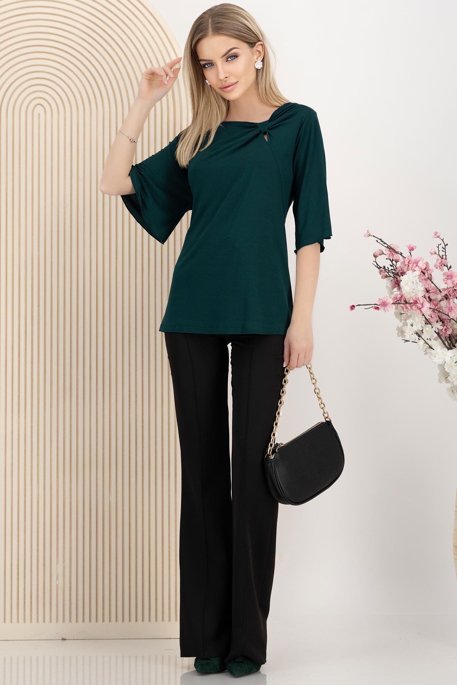 Bluza dama din lycra verde-inchis cu croi larg si detaliu frontal tip fundita 3 - StarShinerS.ro