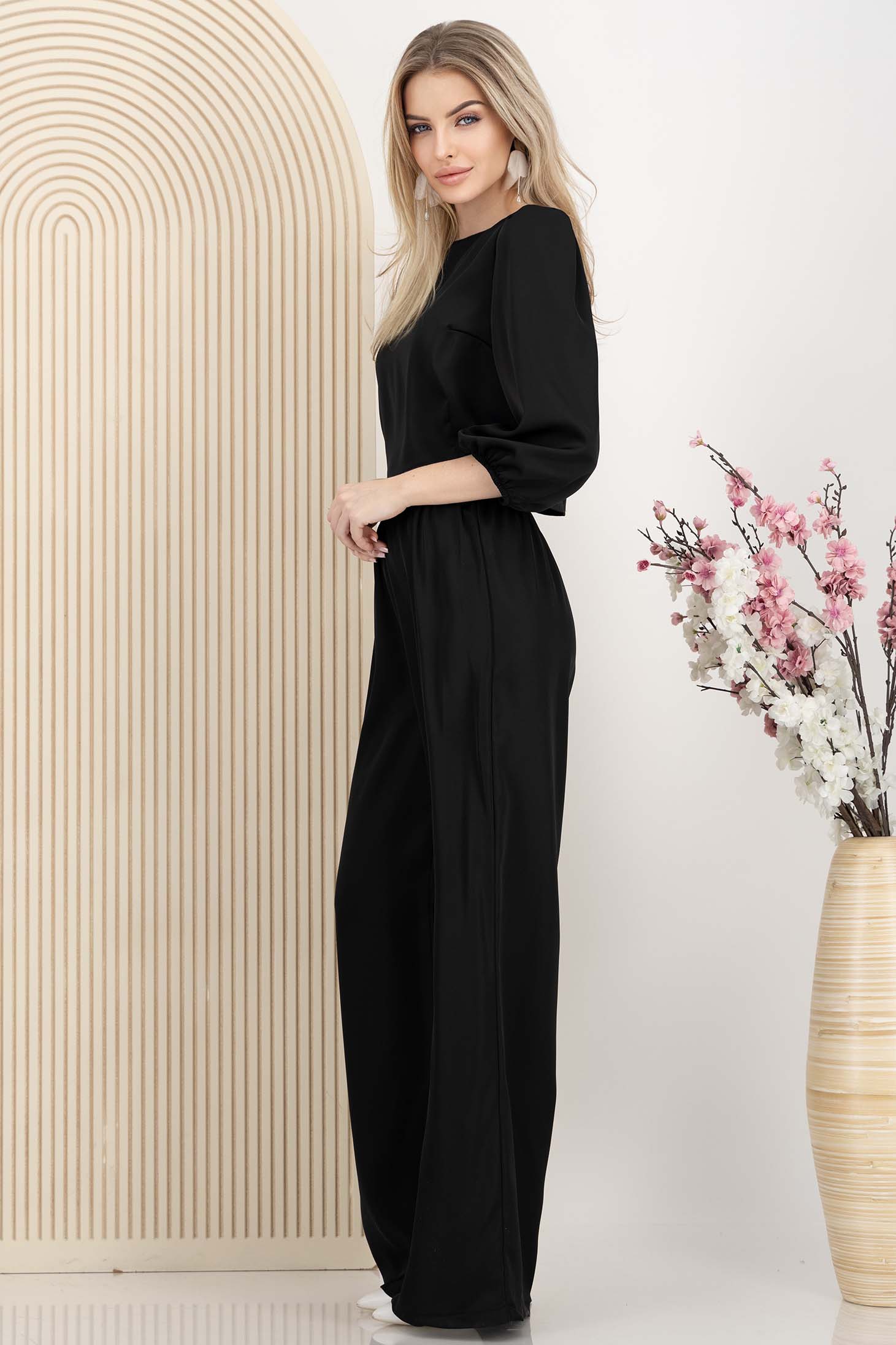 Compleu din satin negru cu elastic in talie si maneci bufante 3 - StarShinerS.ro