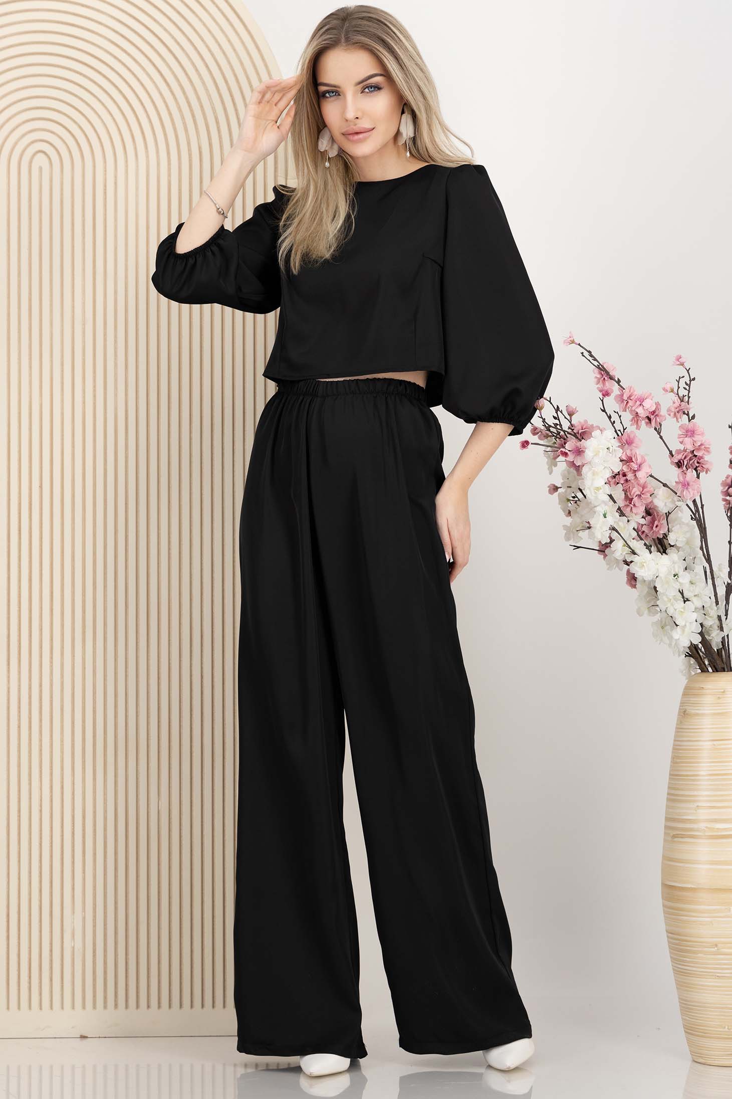 Compleu din satin negru cu elastic in talie si maneci bufante 4 - StarShinerS.ro