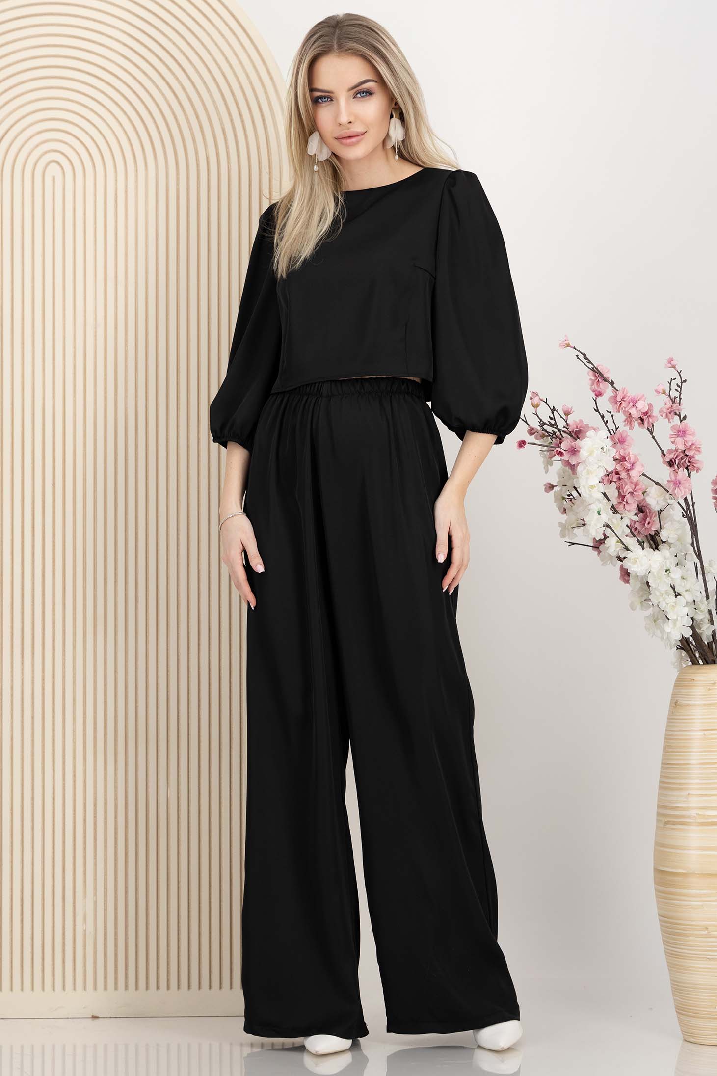 Compleu din satin negru cu elastic in talie si maneci bufante 2 - StarShinerS.ro