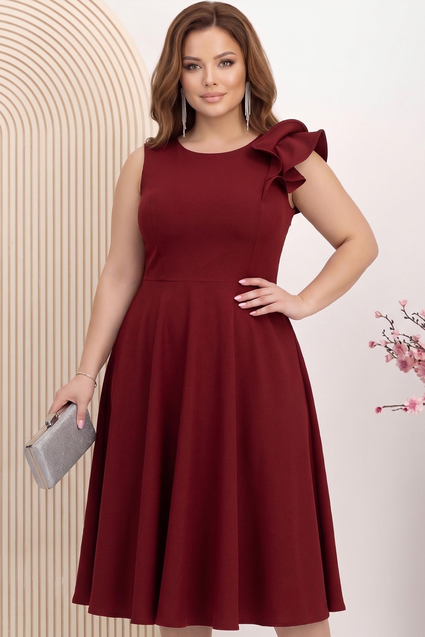 Rochie din stofa cu sclipici visinie midi in clos cu volanas pe umar - StarShinerS 1 - StarShinerS.ro