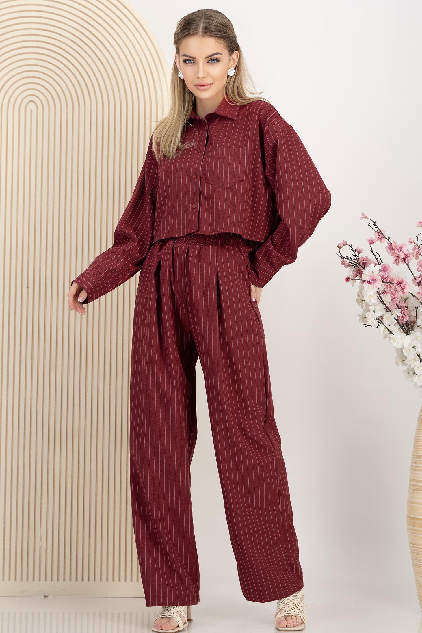Compleu din material subtire visiniu cu elastic in talie 2 - StarShinerS.ro