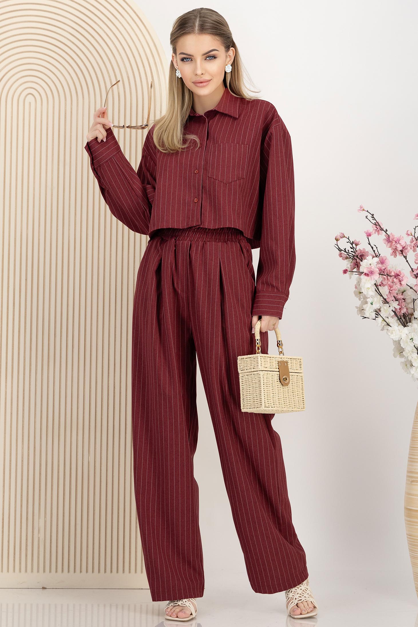 Compleu din material subtire visiniu cu elastic in talie 4 - StarShinerS.ro