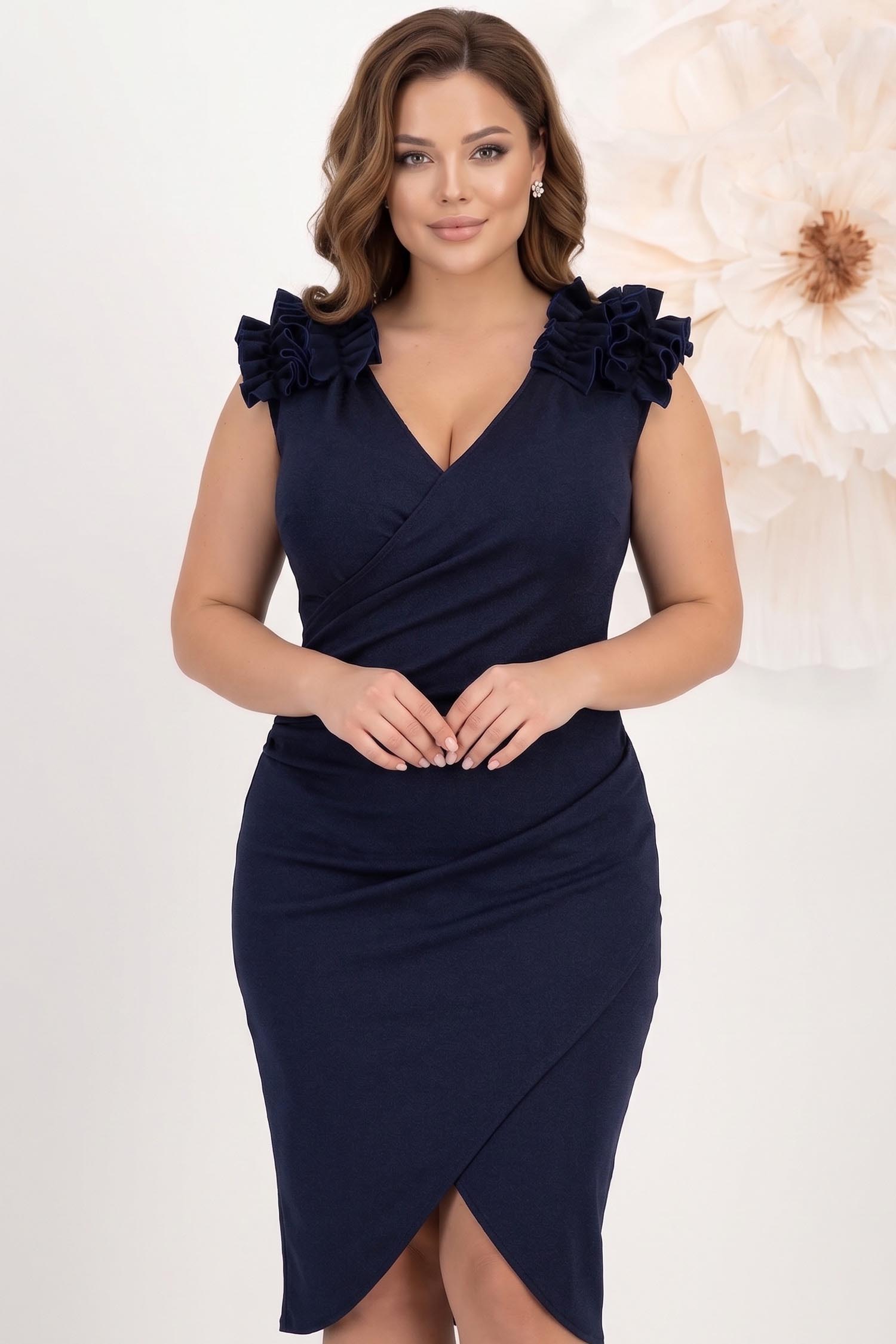 Rochie din crep bleumarin pana la genunchi petrecuta tip creion cu volanase - StarShinerS 2 - StarShinerS.ro