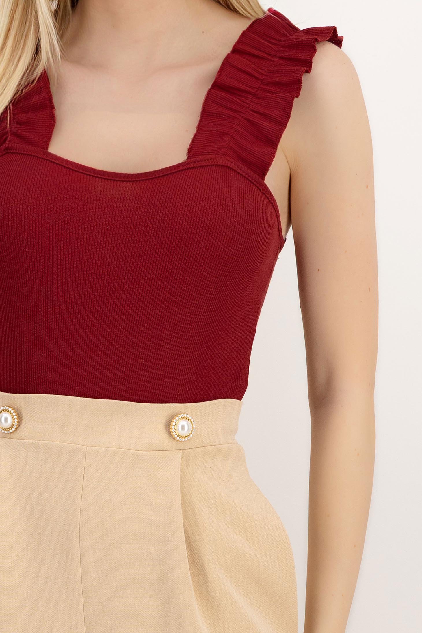 Body din bumbac elastic visiniu mulat cu bretele cu volanas 5 - StarShinerS.ro