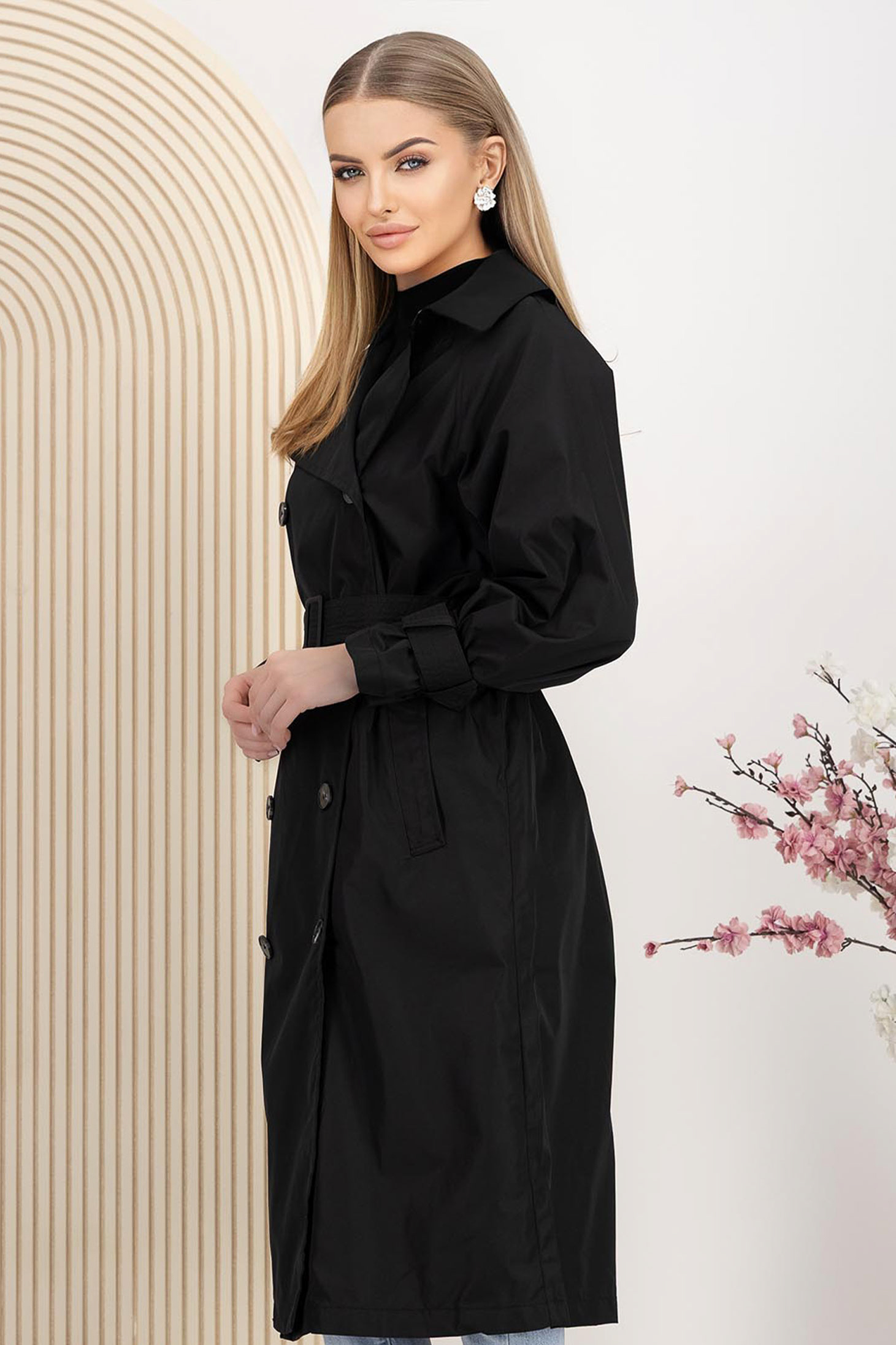 Trench lung din fas negru cu croi larg accesorizat cu cordon 3 - StarShinerS.ro