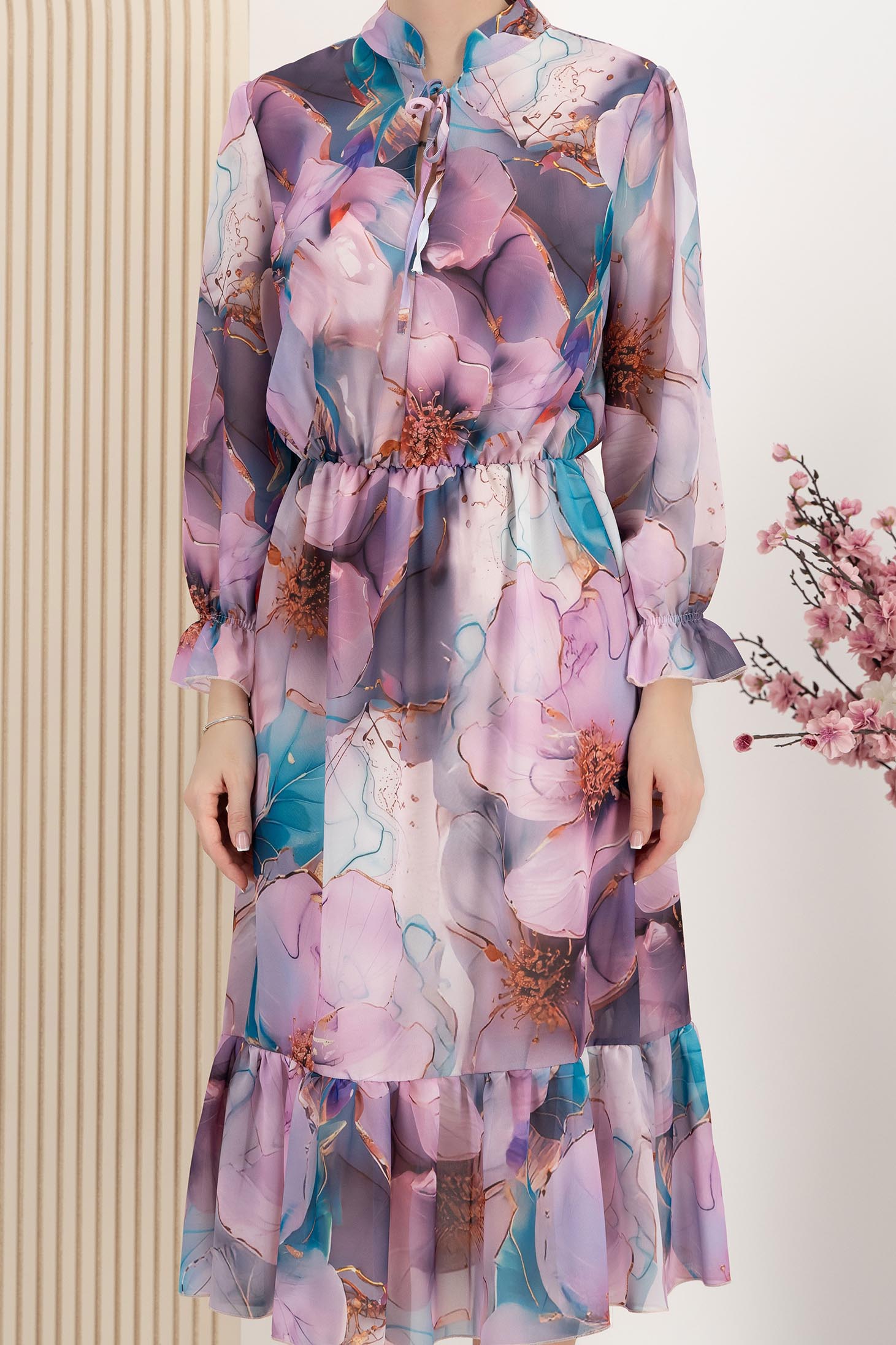 Rochie din voal mov midi in clos cu elastic in talie si maneci bufante 4 - StarShinerS.ro