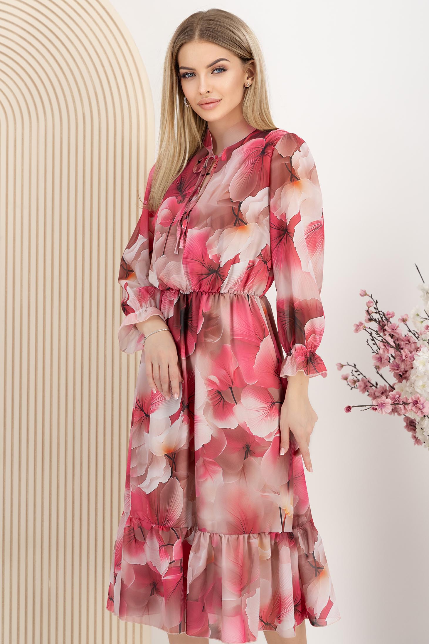 Rochie din voal roz midi in clos cu elastic in talie si maneci bufante 7 - StarShinerS.ro