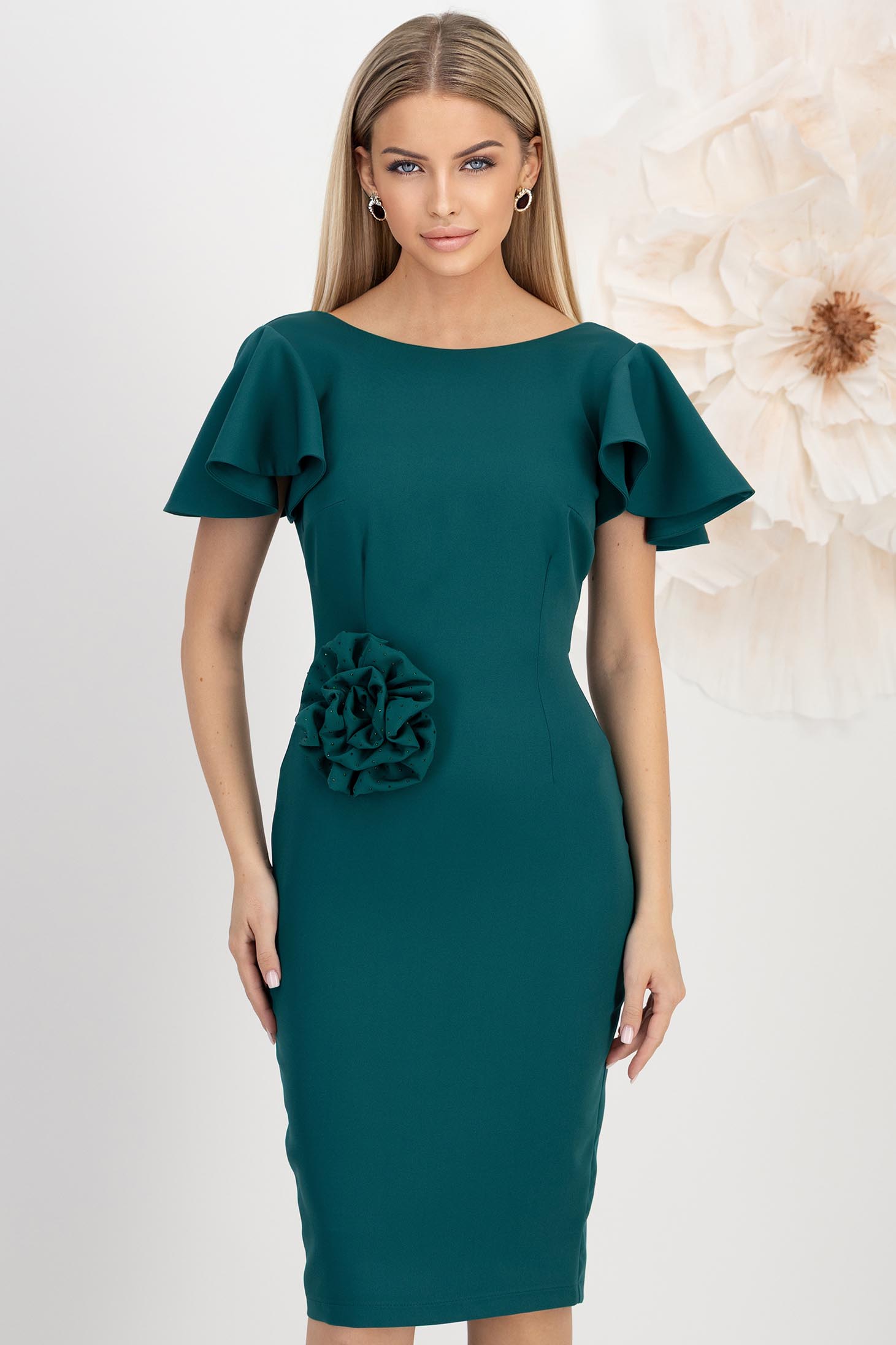 StarShinerS.ro Rochie stofa verde petrol midi tip creion accesorizata cu brosa cu pietre strass - StarShinerS