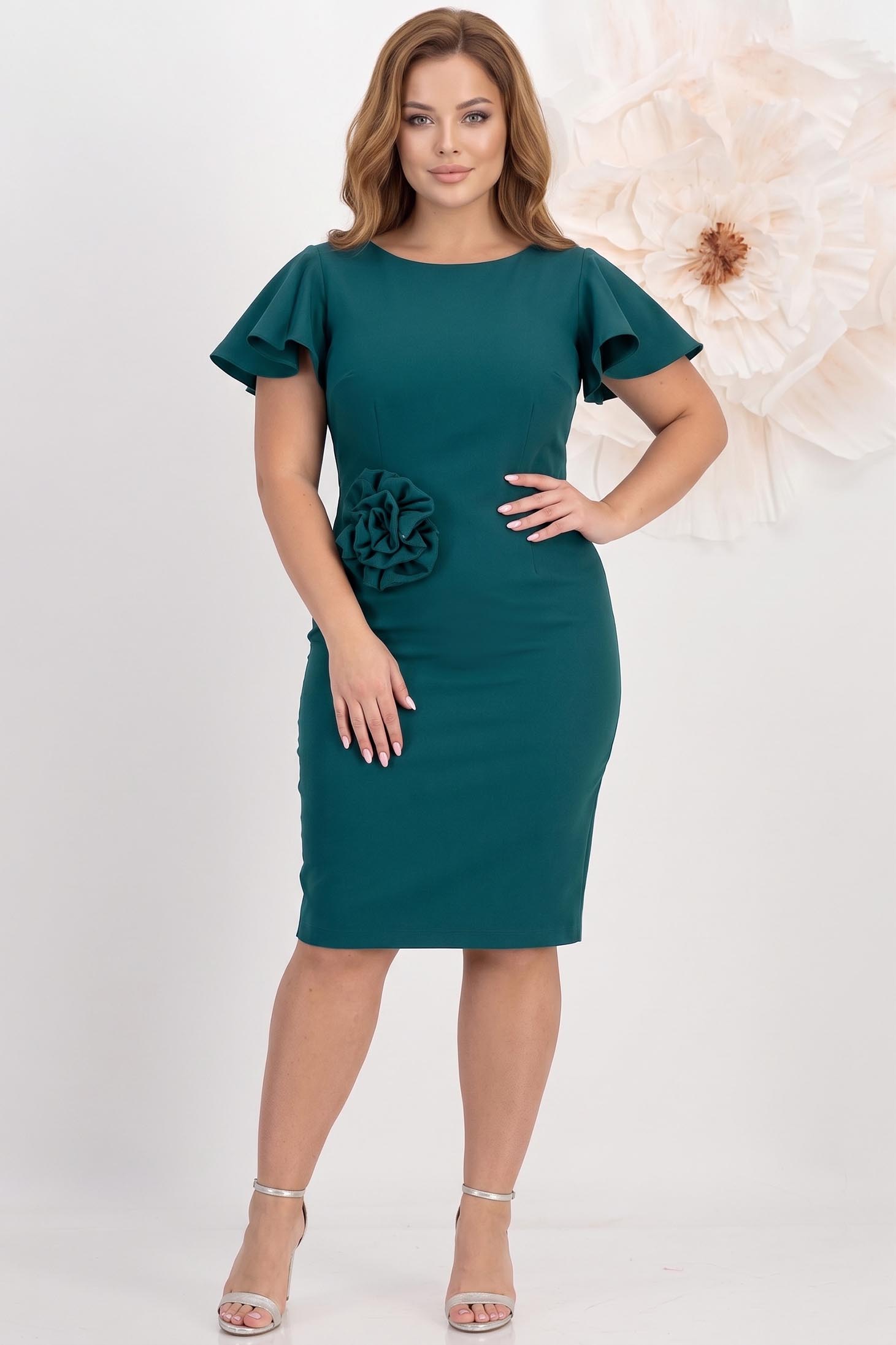 Rochie stofa verde petrol midi tip creion accesorizata cu brosa cu pietre strass - StarShinerS 2 - StarShinerS.ro