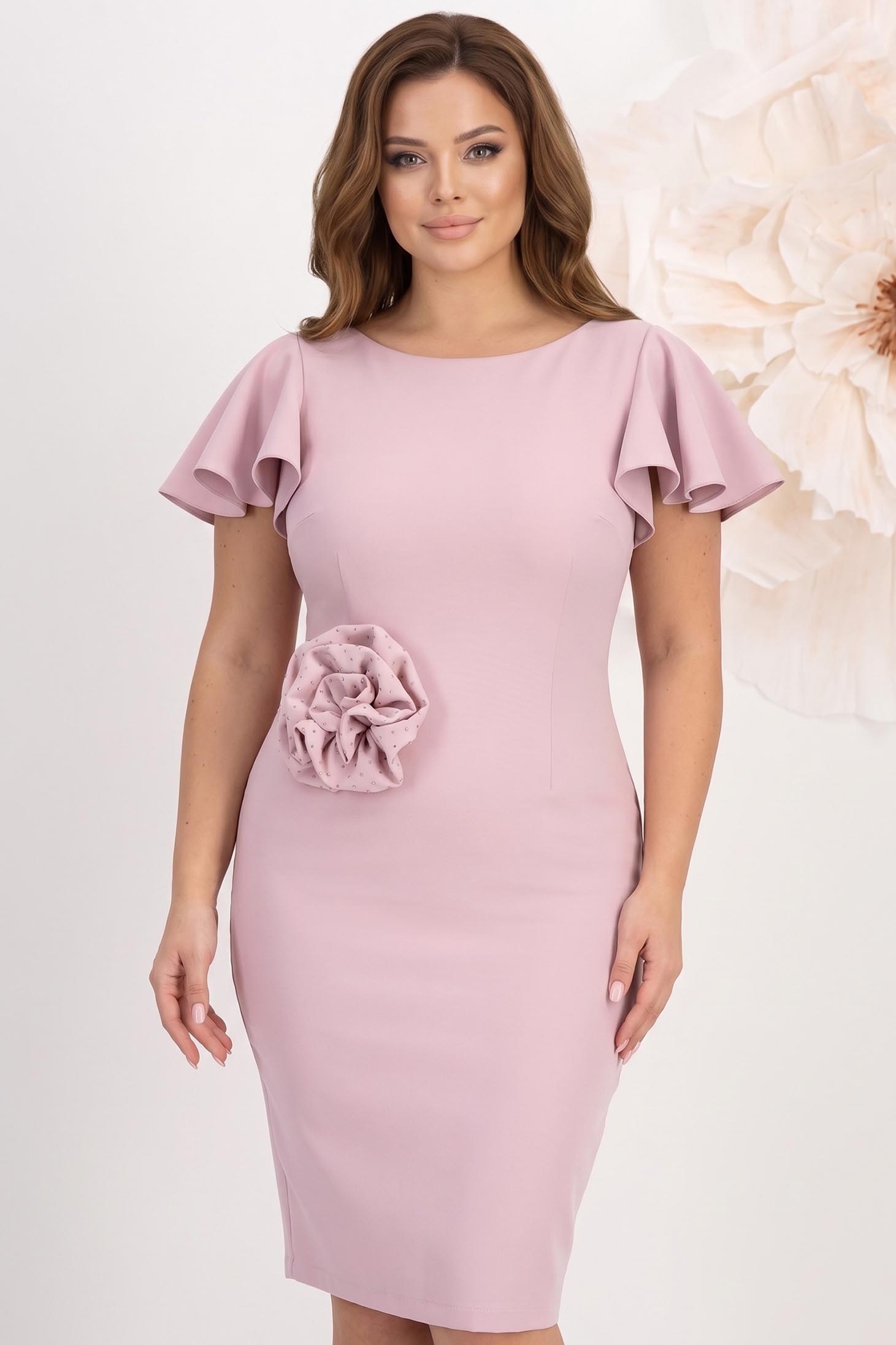 Rochie stofa roz pudra midi tip creion accesorizata cu brosa cu pietre strass - StarShinerS 1 - StarShinerS.ro
