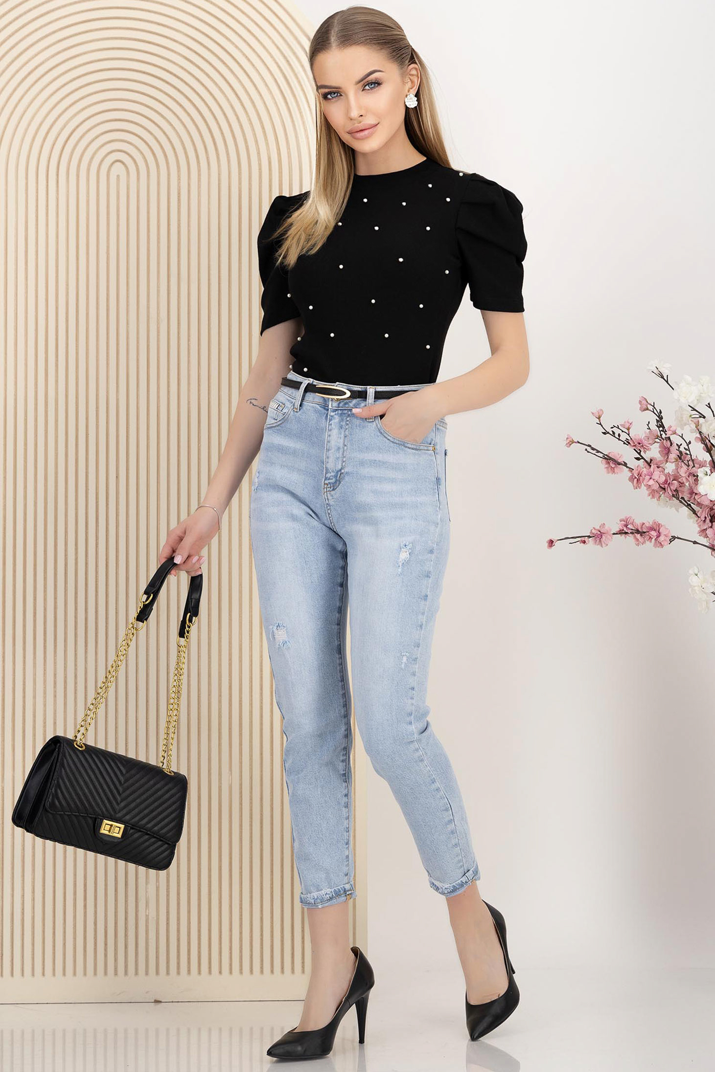 Bluza dama din bumbac neagra mulata cu guler rotunjit si perle aplicate 3 - StarShinerS.ro