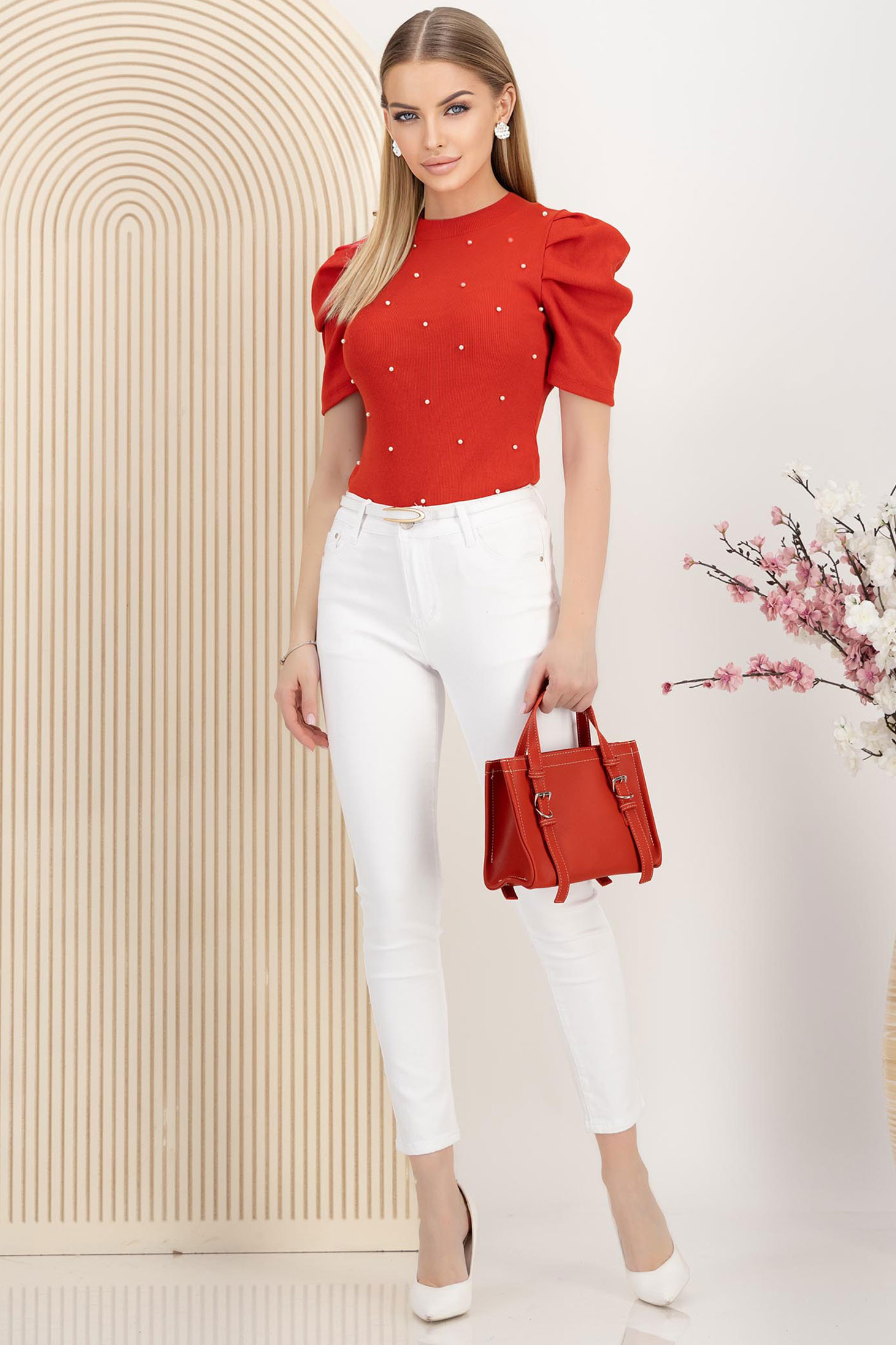 Bluza dama din bumbac rosie mulata cu guler rotunjit si perle aplicate 3 - StarShinerS.ro