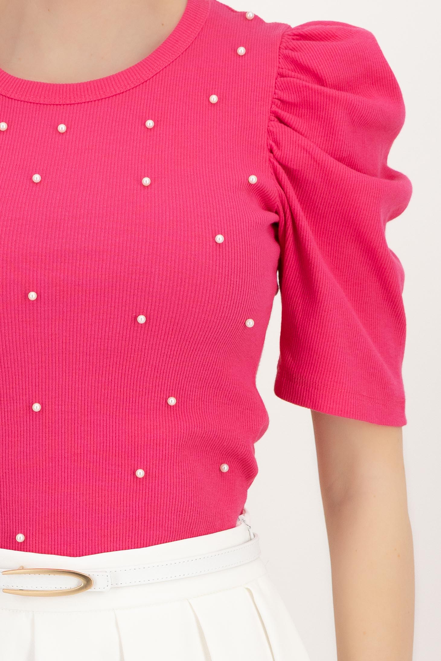 Bluza dama din bumbac roz mulata cu umeri bufanti si perle aplicate 6 - StarShinerS.ro