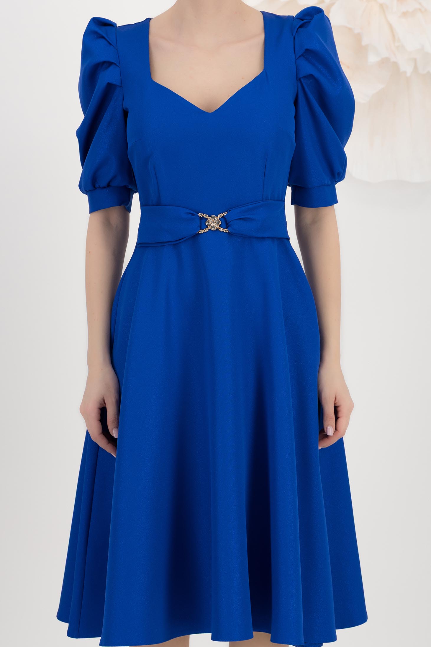 Rochie din stofa elastica cu sclipici albastra midi in clos cu maneci bufante - StarShinerS 4 - StarShinerS.ro