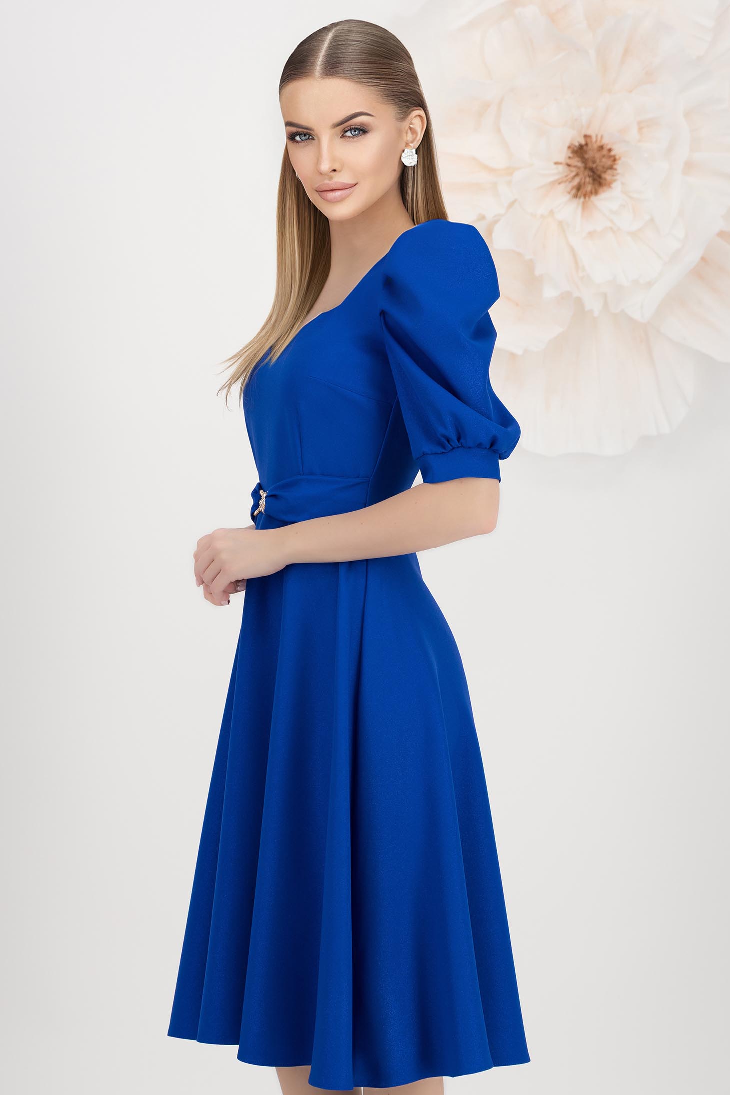 Rochie din stofa elastica cu sclipici albastra midi in clos cu maneci bufante - StarShinerS 2 - StarShinerS.ro