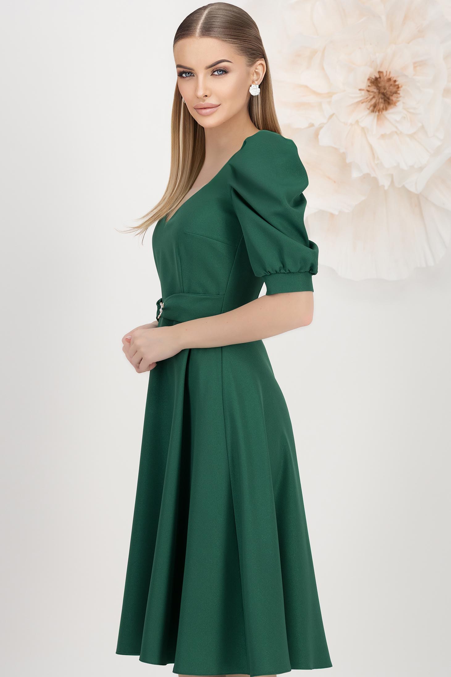 Rochie din stofa elastica cu sclipici verde midi in clos cu maneci bufante - StarShinerS 2 - StarShinerS.ro