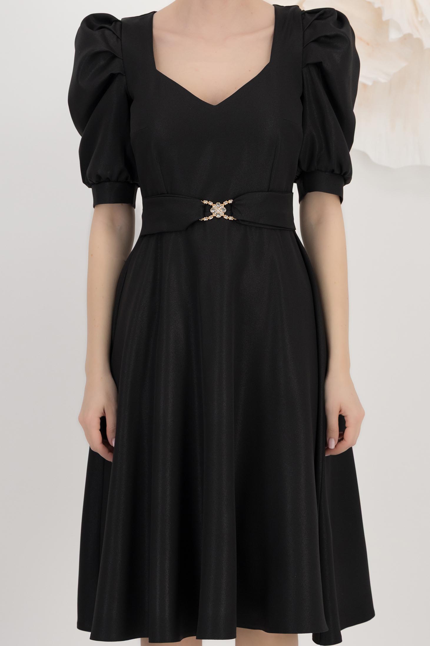 Rochie din stofa elastica cu sclipici neagra midi in clos cu maneci bufante - StarShinerS 4 - StarShinerS.ro