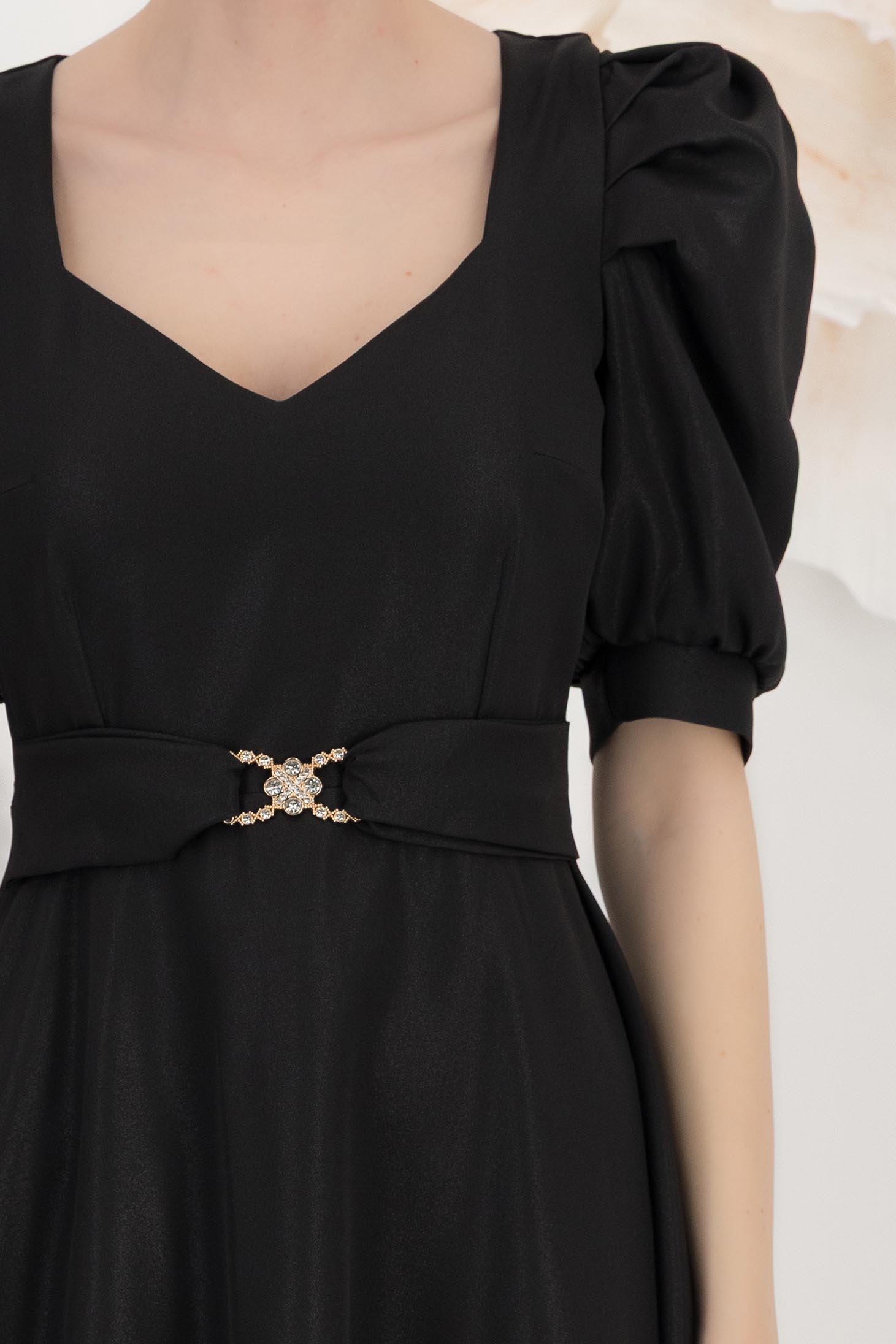 Rochie din stofa elastica cu sclipici neagra midi in clos cu maneci bufante - StarShinerS 6 - StarShinerS.ro